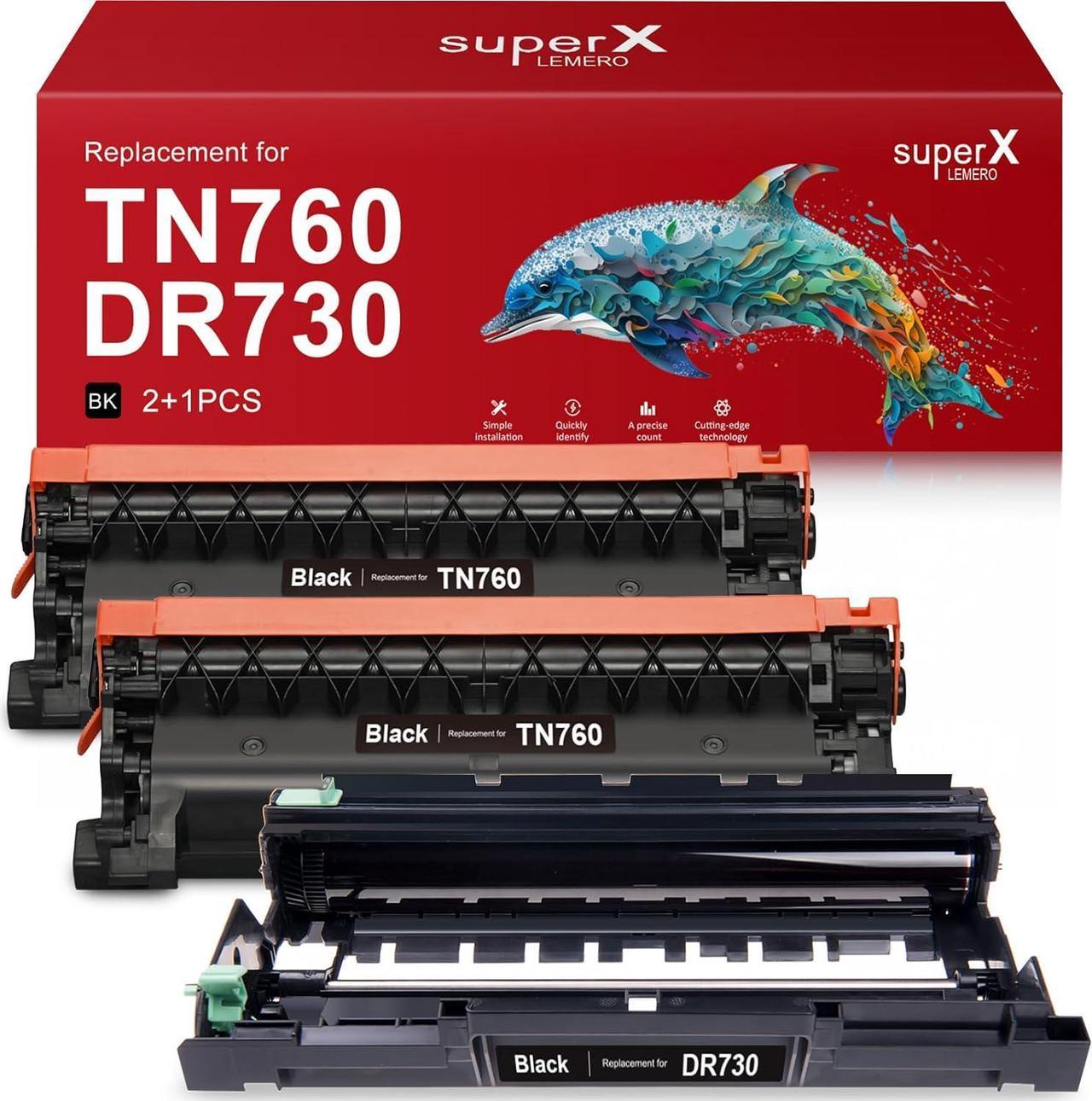 LemeroSuperx Compatible Toner Cartridges and Drum Unit Replacement for Brother TN760 TN730 TN 760 DR730 Work for HL-L2350DW MFC-L2710DW HL-L2395DW MFC-L2750DW Printer (2 Black, 1 Drum Unit, 3 Pack)