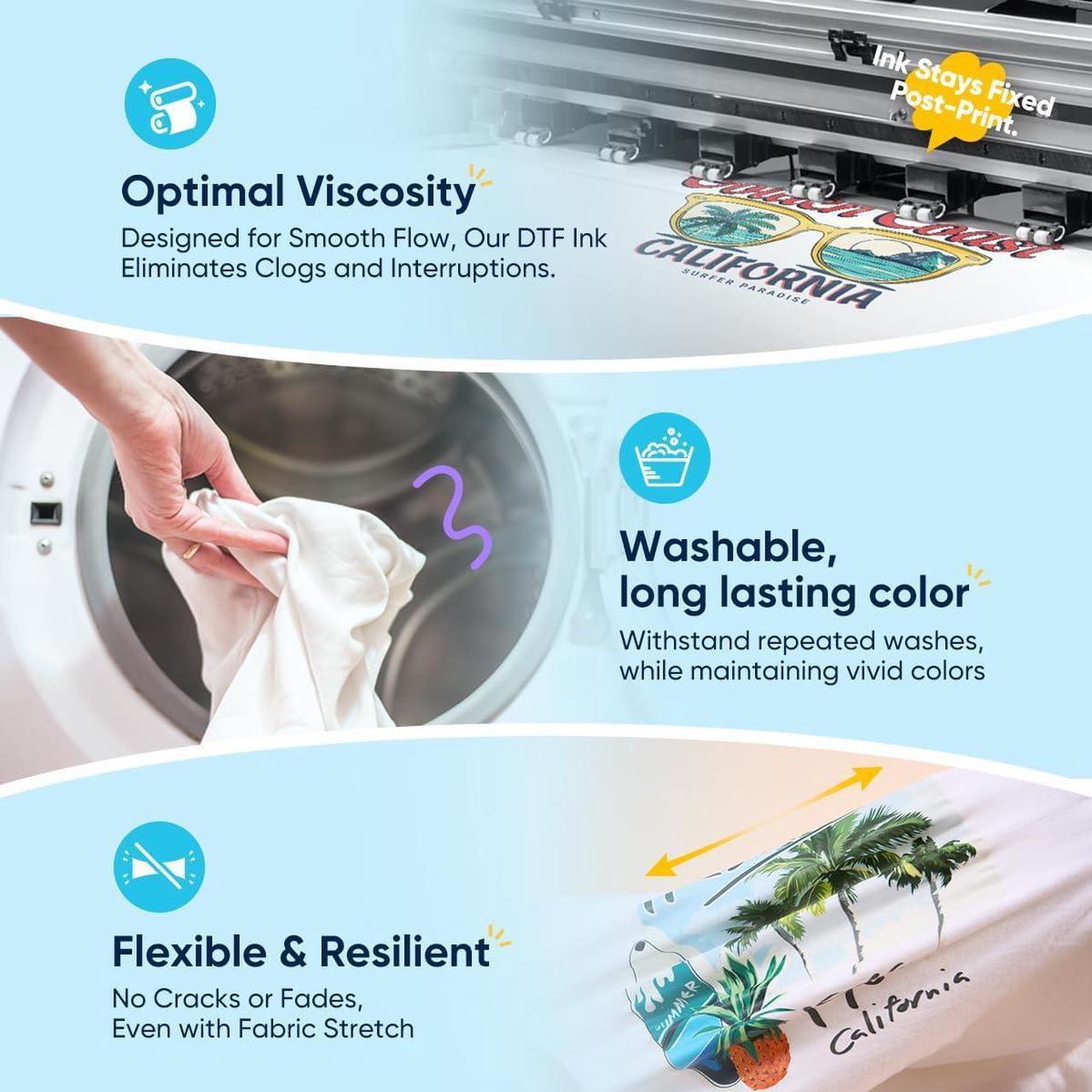 Alt view image 4 of 6 - Premium DTF Ink 500ml x 6, DTF Transfer Ink Conversion Kit, Refill for DTF Printers Epson ET-8550, XP-15000, L1800, L805, R1390, R2400, DX7, Heat Transfer Printing Direct to Film(CMYK + 2Wh)
