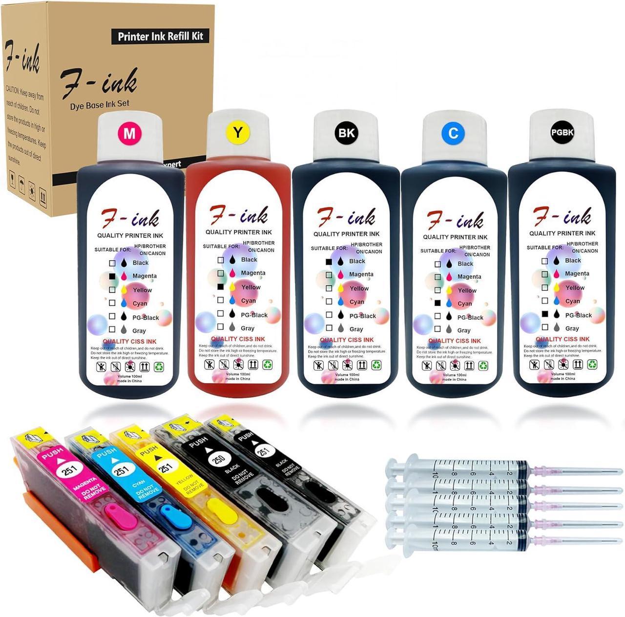 Fink Prefilled Refillable Ink Cartridges and 5 Bottles Ink Replacement for Canon PGI-250XL CLI-251XL,Works with PIXMA MX922 MG7520 MG5520 MG5420 MG6620 MG5620 IP7220 IX6820 MG6420 MX722 MG5422 MG5522