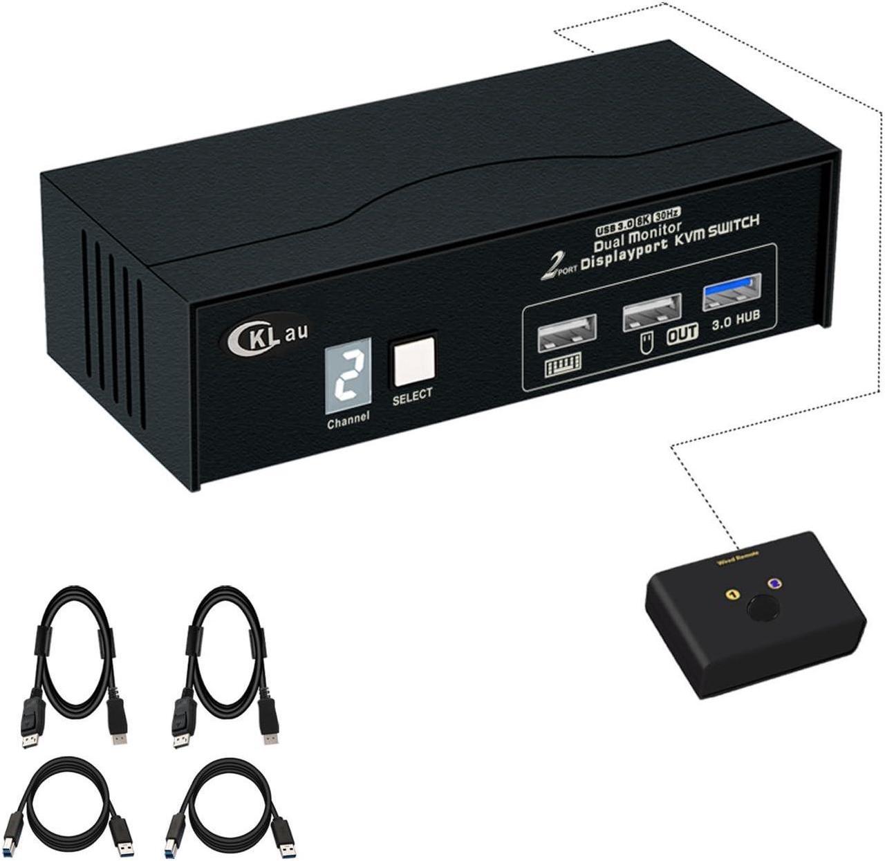 CKLau 8K30Hz 4K144Hz Dual Monitor KVM Switch Displayport 1.4, 2 Port USB 3.0 DP KVM Switch 2 Monitors 2 Computers with Cables, Digital Display