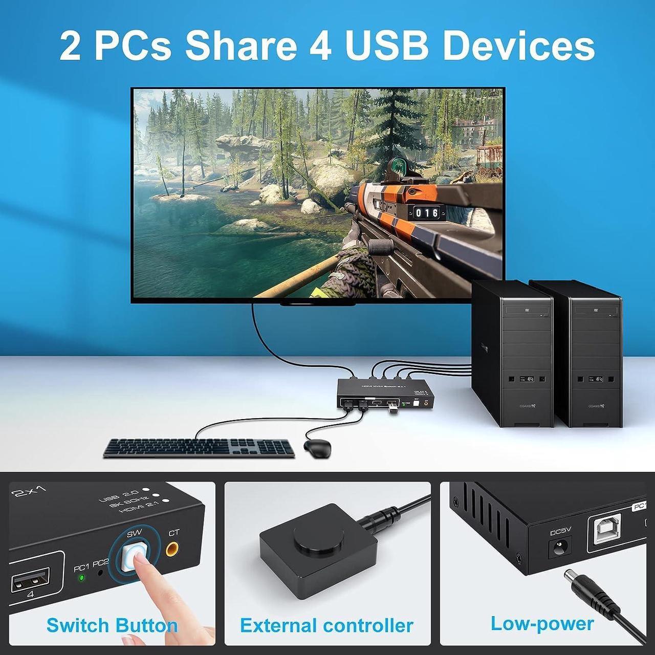 Alt view image 3 of 7 - CMSTEDCD KVM Switch HDMI 2 Port 8K 60Hz 4 Port USB 2.0 for 2 Computers 1 Monitor Share Keyboard Audio Return(ARC)