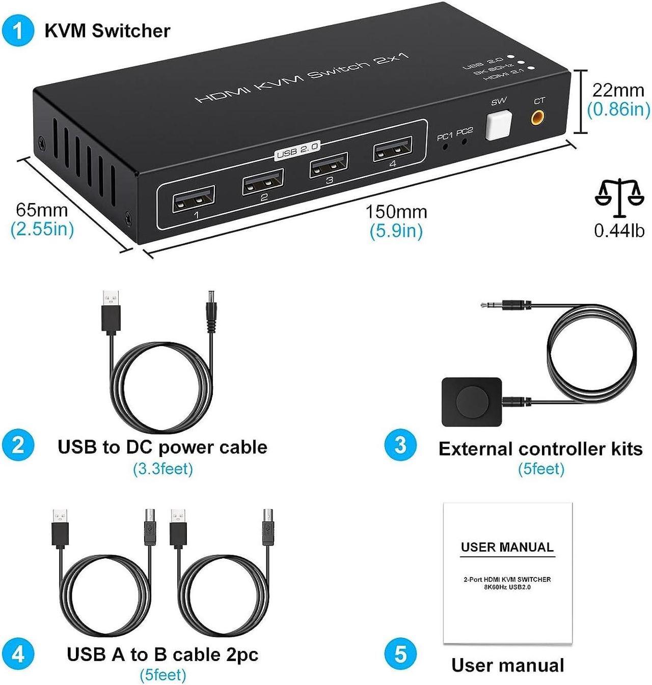 Alt view image 7 of 7 - CMSTEDCD KVM Switch HDMI 2 Port 8K 60Hz 4 Port USB 2.0 for 2 Computers 1 Monitor Share Keyboard Audio Return(ARC)