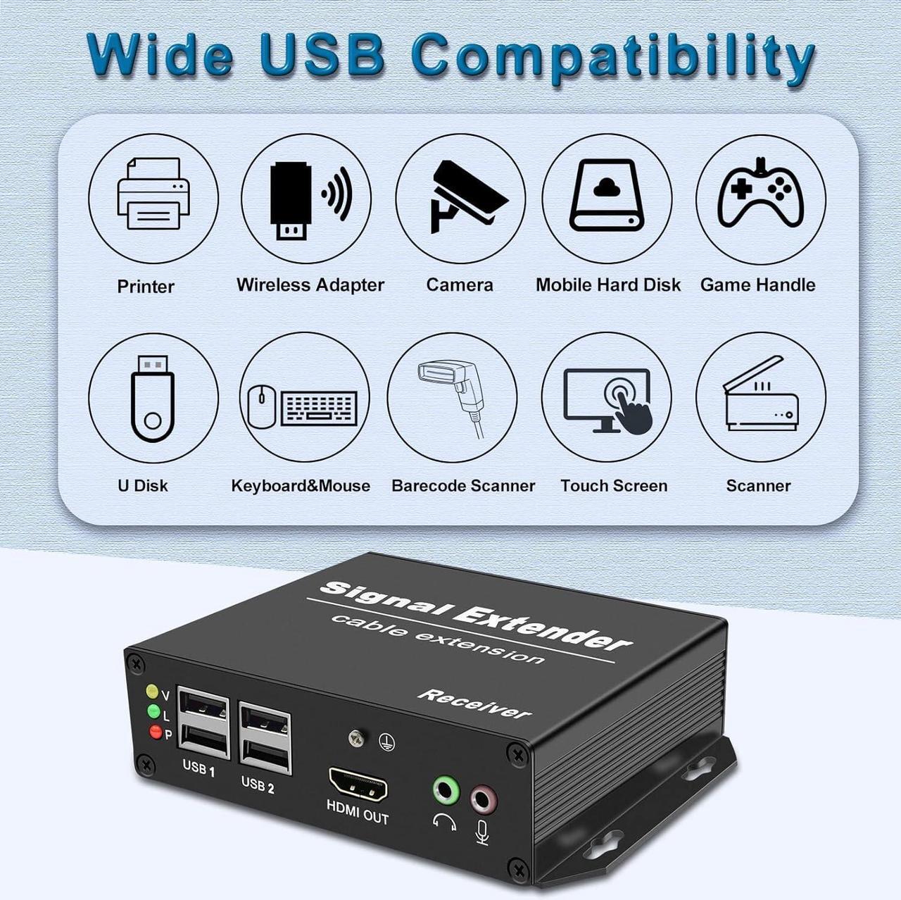 Alt view image 3 of 7 - LornCeng 4K HDMI KVM USB Extender with Loop Out Over Fiber up to 20KM, KVM HDMI Fiber Optic Extender Zero Latency 4K@30hz HDMI Extender Over IP, 4 Ports USB2.0, IR Control, Bidirectional RS-232&Audio