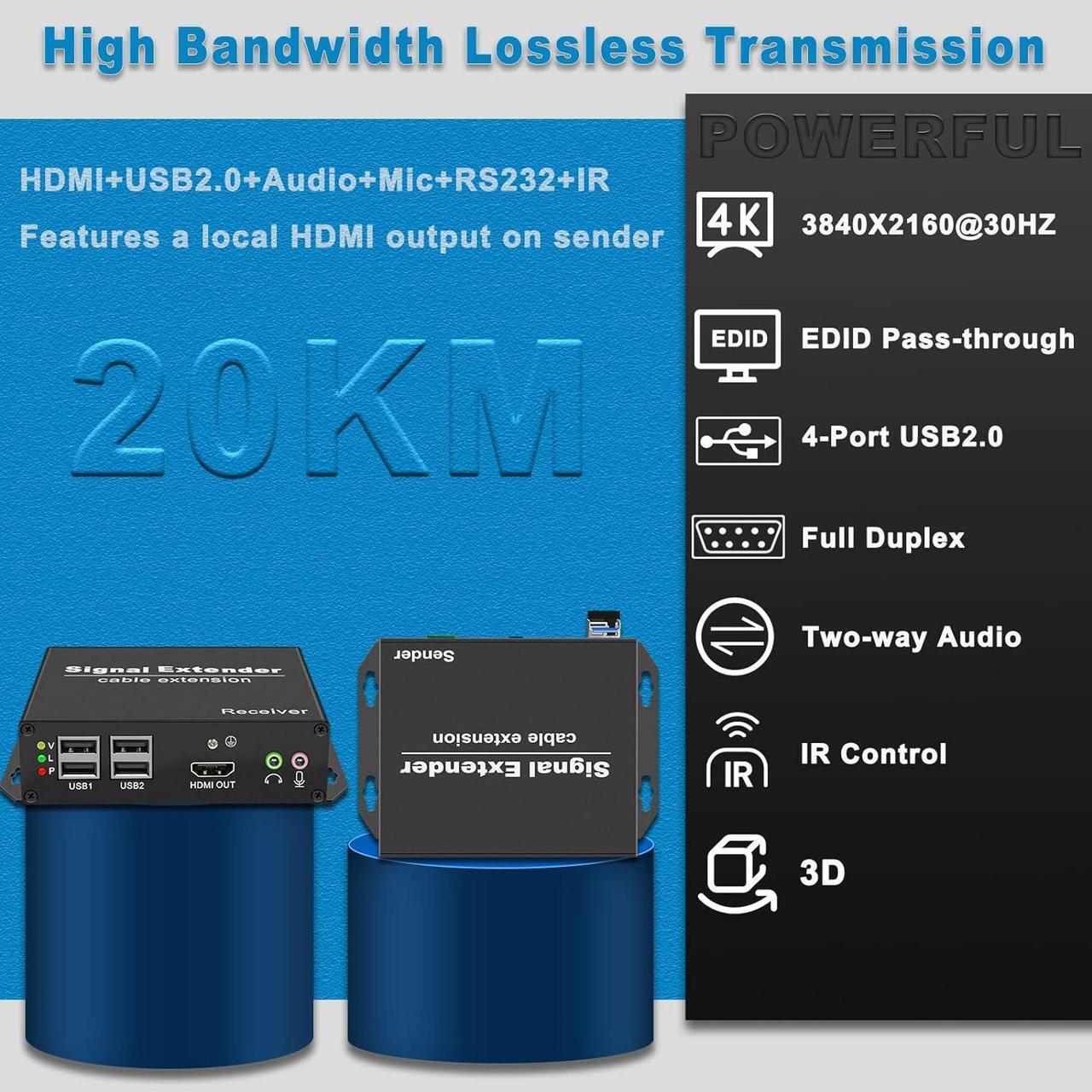 Alt view image 6 of 7 - LornCeng 4K HDMI KVM USB Extender with Loop Out Over Fiber up to 20KM, KVM HDMI Fiber Optic Extender Zero Latency 4K@30hz HDMI Extender Over IP, 4 Ports USB2.0, IR Control, Bidirectional RS-232&Audio