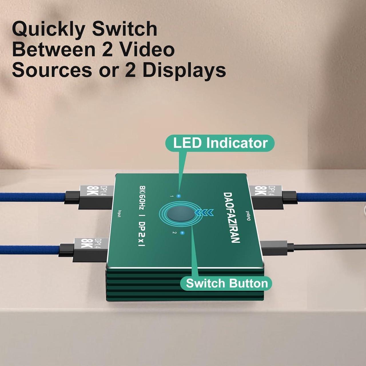 Alt view image 4 of 7 - Display Port Switch Box 2 in 1 Out,Displayport 2.0/1.4 Switch Splitter Switches,displayport switcher,dp Switch 2 in 1 Out,8k@60HZ 4k@144HZ@175HZ@200HZ@240HZ,Compatible with PC Host Monitor Laptop et