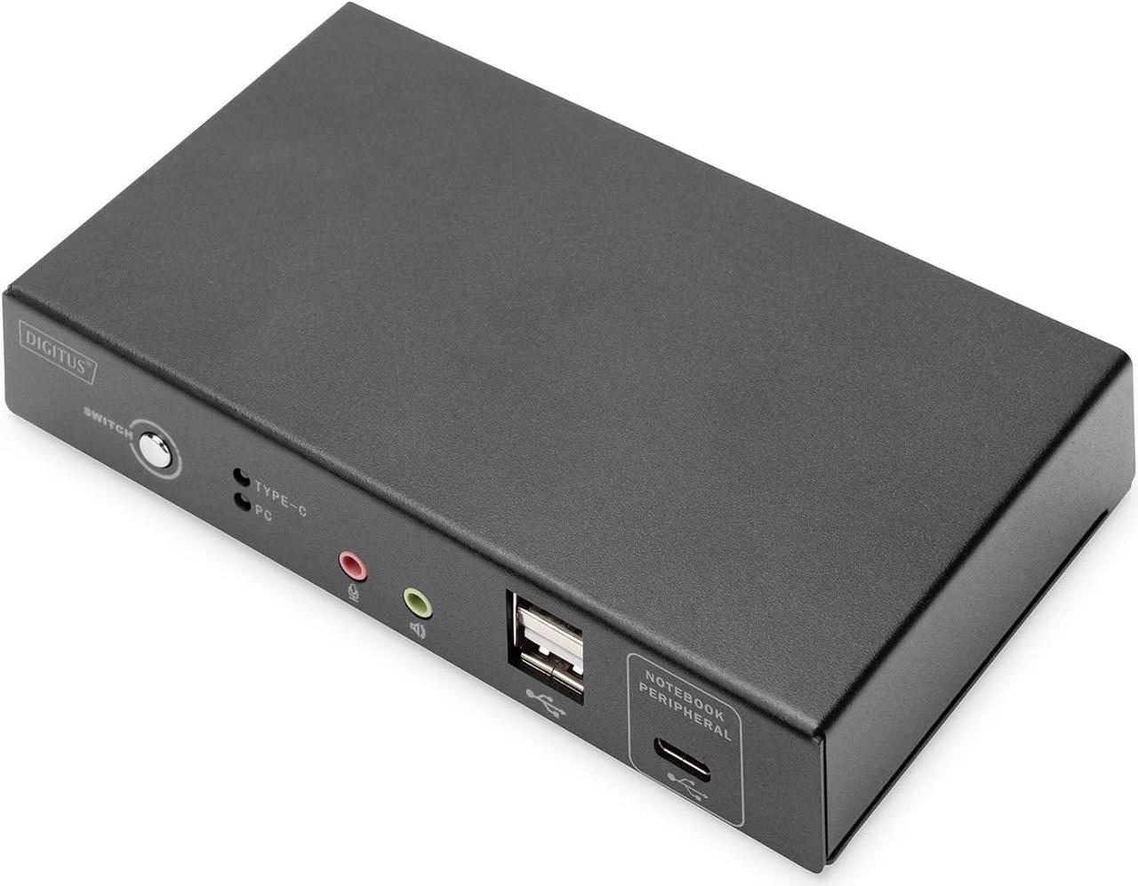 Main image of Digitus KVM Switch HDMI - USB-C for Notebook Port - 2-Port Single Display - 2 PC 1 Monitor - 1 x Mouse, Keyboard & Audio for 2 Computers - RJ45 LAN Port & USB-C Hub for Laptop - Black