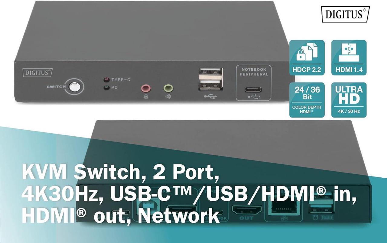 Alt view image 4 of 7 - Digitus KVM Switch HDMI - USB-C for Notebook Port - 2-Port Single Display - 2 PC 1 Monitor - 1 x Mouse, Keyboard & Audio for 2 Computers - RJ45 LAN Port & USB-C Hub for Laptop - Black