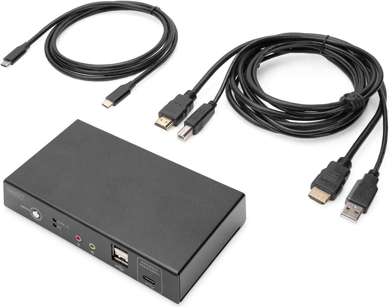 Alt view image 6 of 7 - Digitus KVM Switch HDMI - USB-C for Notebook Port - 2-Port Single Display - 2 PC 1 Monitor - 1 x Mouse, Keyboard & Audio for 2 Computers - RJ45 LAN Port & USB-C Hub for Laptop - Black