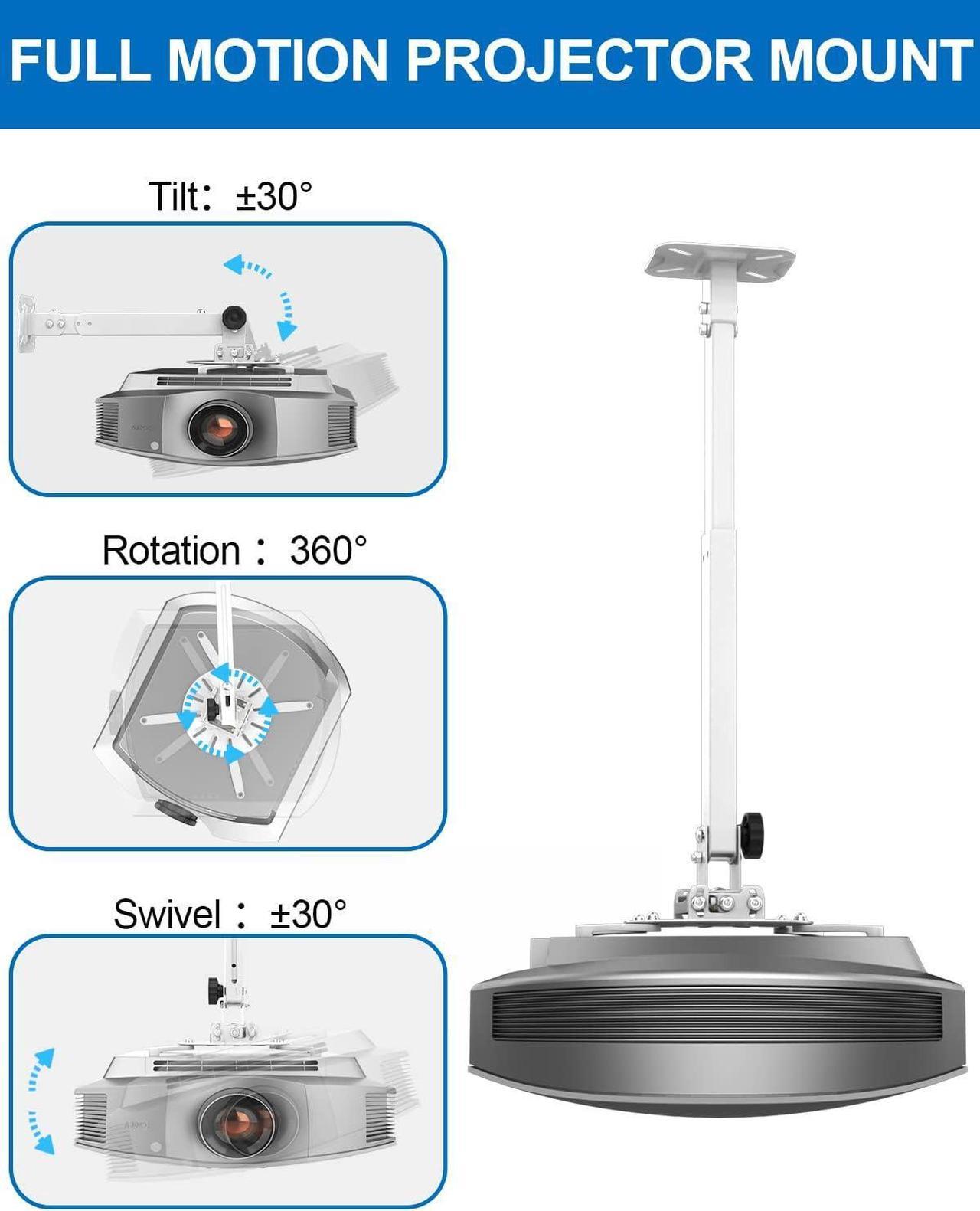 Alt view image 5 of 7 - Joy Seeker Universal Wall or Ceiling Projector Mount, Extendable Low Profile Projector Bracket with Height Length Adjustable Arm, Full Motion Projector Holder/Hanger Fits Flat or Sloped Ceiling, White