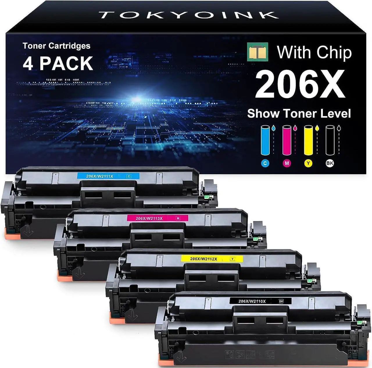 Main image of TOKYOINK 206X M283fdw Toner Cartridges 4 Pack High Yield [Show Ink Level] [with Chip] Compatible Replacement  206X 206A  Color LaserJ MFP M283cdw M255dw M283 M255 Printer W2110X W2110A