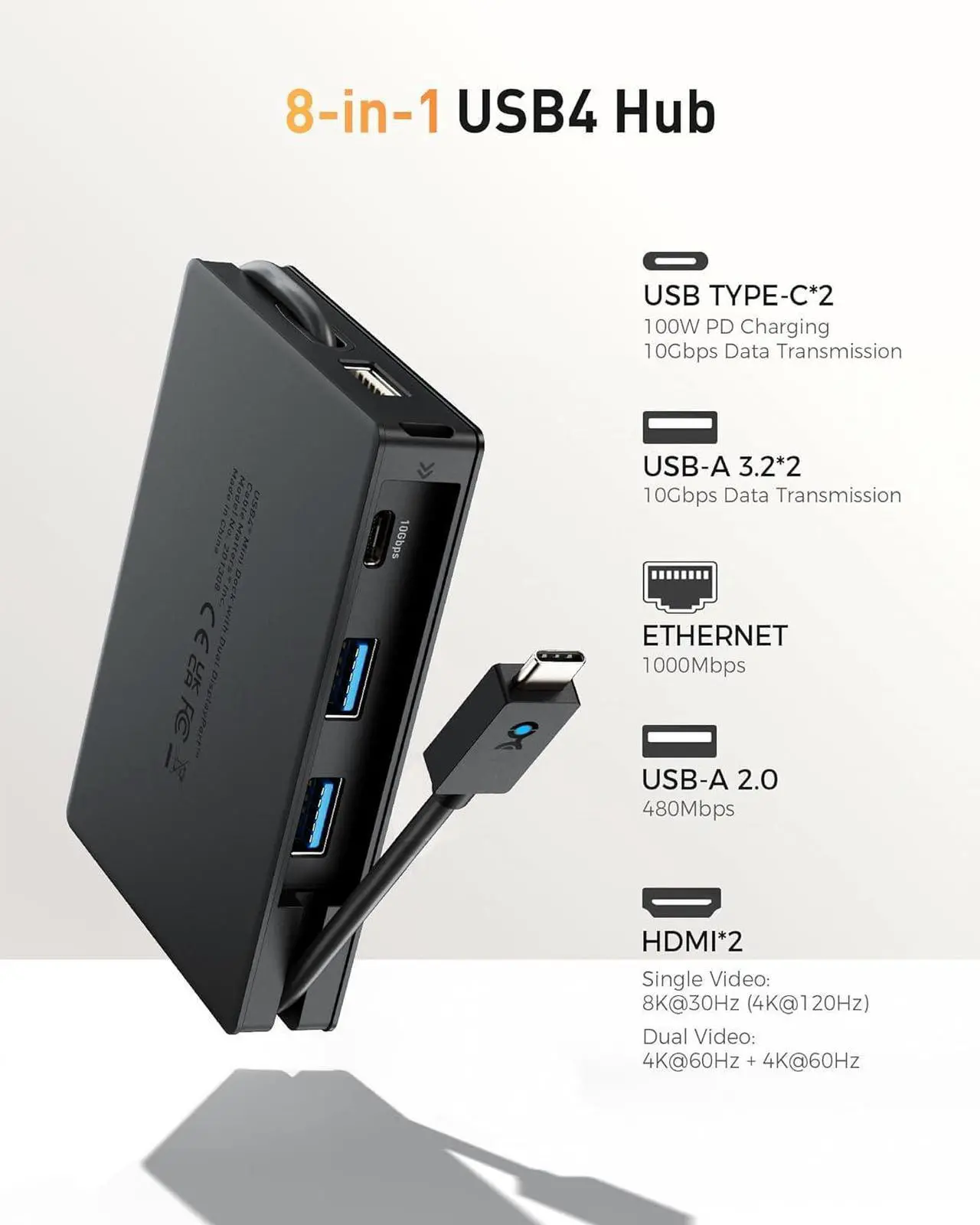 Alt view image 3 of 7 - Cable Matters 8-in-1 Portable 40Gbps Dual HDMI USB4 Hub, USB 4 Dock with 2X 4K@60Hz or 1x 4K@120Hz / 8K@30Hz, 100W PD, Gigabit Ethernet, Compatible with Thunderbolt 4 (*macOS's Display Limitation)