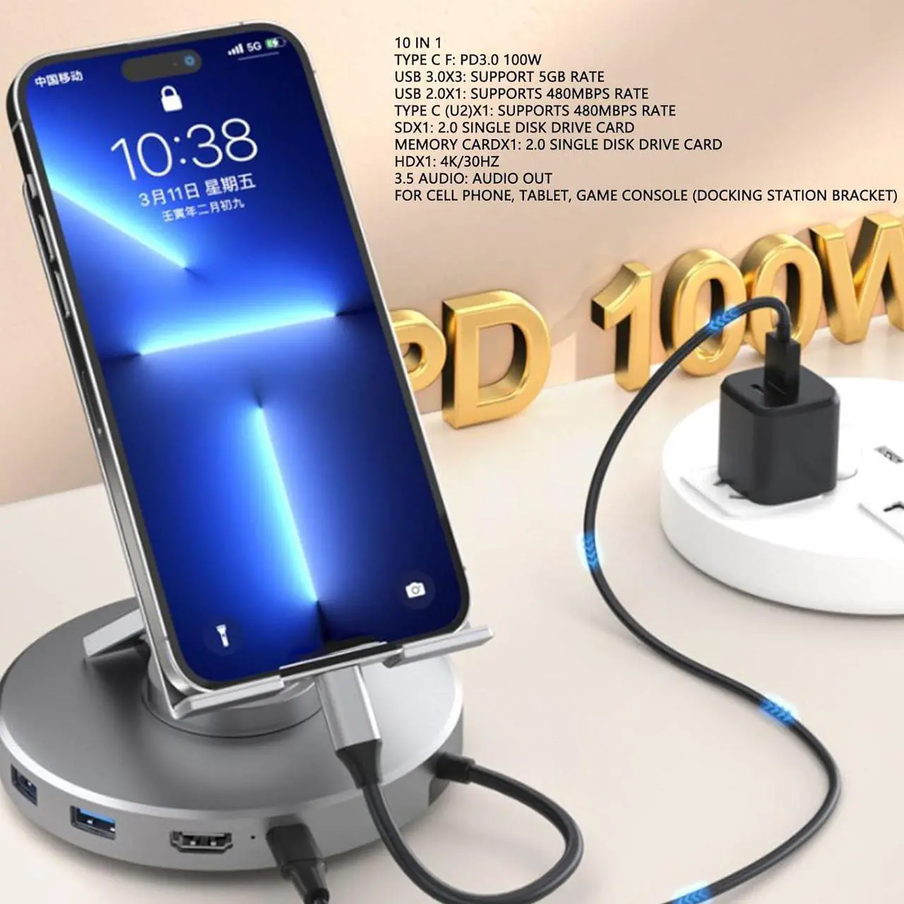 Alt view image 2 of 7 - 10 in 1 USB C HUB Stand, 360° Rotatable Laptop Docking Station with Phone Tablet Stand, Foldable Phone Holder with USB C Hub - 4k USB C USB 2.0 3.0 100W PD 3.5mm Jack Slot