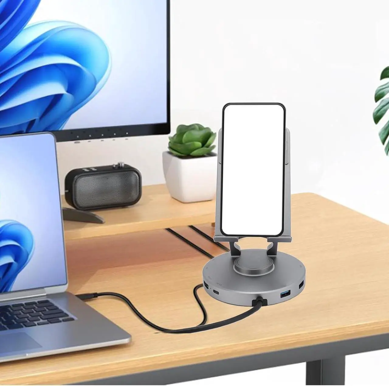 Alt view image 4 of 7 - 10 in 1 USB C HUB Stand, 360° Rotatable Laptop Docking Station with Phone Tablet Stand, Foldable Phone Holder with USB C Hub - 4k USB C USB 2.0 3.0 100W PD 3.5mm Jack Slot