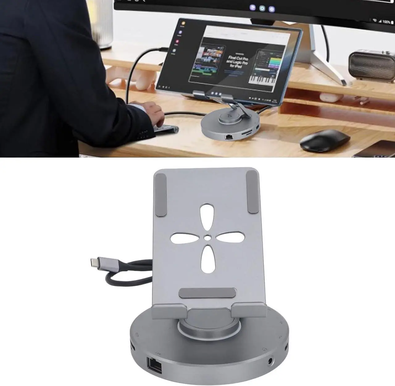 Alt view image 4 of 7 - ciciglow 10 in 1 Docking Station for iOS Pro Tablet, Phone with 4K @ 60Hz SD TF 4.0 Reader, Gigabit Ethernet RJ45 100W PD,Audio,USB A,USB C Rotatable Folding Type C Tablet Stand Holder