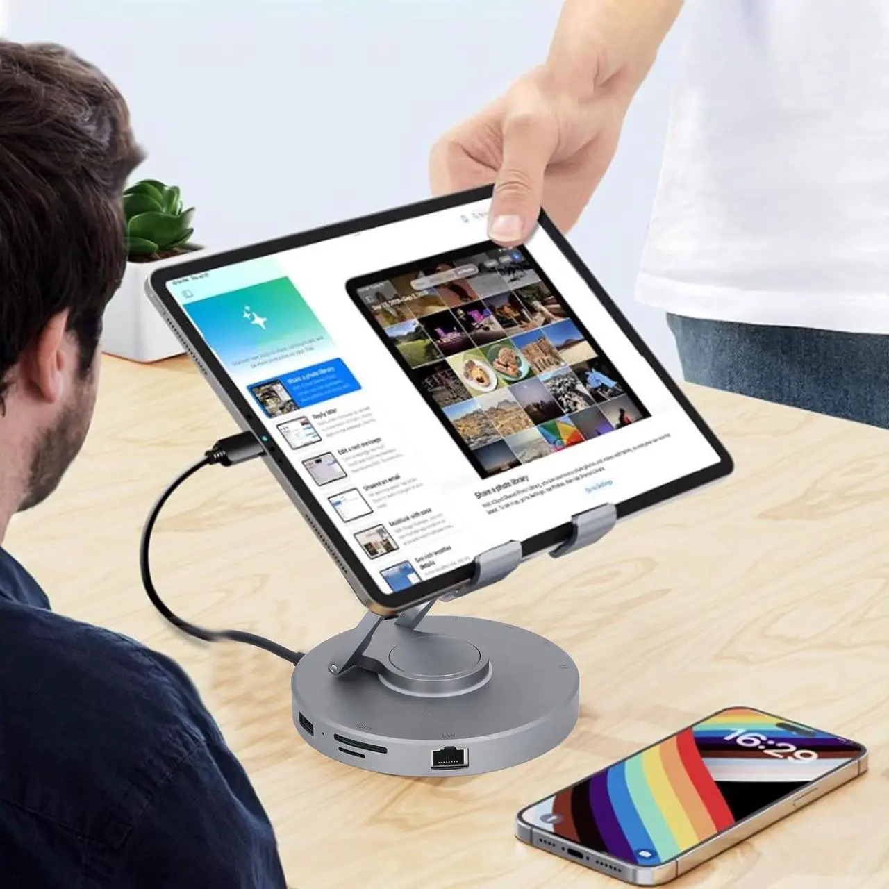 Alt view image 3 of 7 - ciciglow 10 in 1 Docking Station for iOS Pro Tablet, Phone with 4K @ 60Hz SD TF 4.0 Reader, Gigabit Ethernet RJ45 100W PD,Audio,USB A,USB C Rotatable Folding Type C Tablet Stand Holder