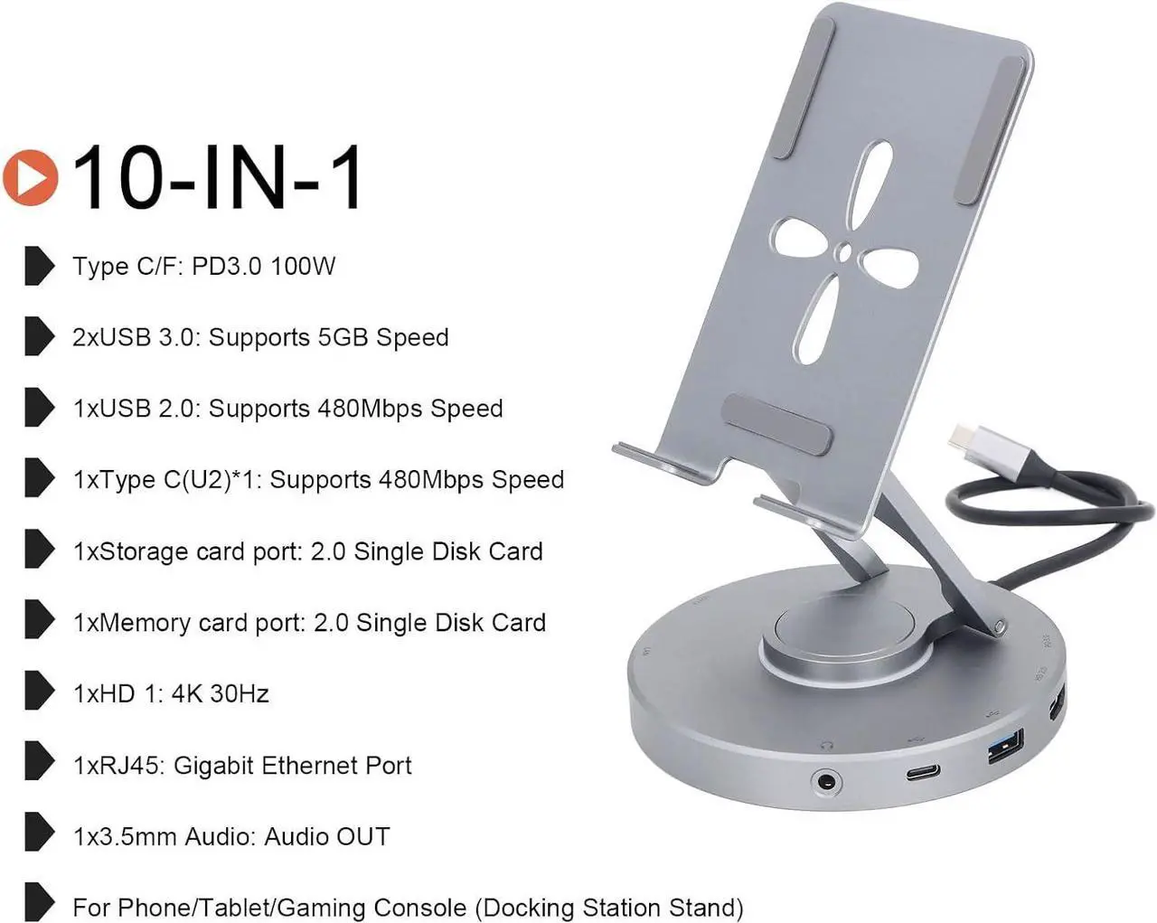 Alt view image 5 of 7 - ciciglow 10 in 1 Docking Station for iOS Pro Tablet, Phone with 4K @ 60Hz SD TF 4.0 Reader, Gigabit Ethernet RJ45 100W PD,Audio,USB A,USB C Rotatable Folding Type C Tablet Stand Holder