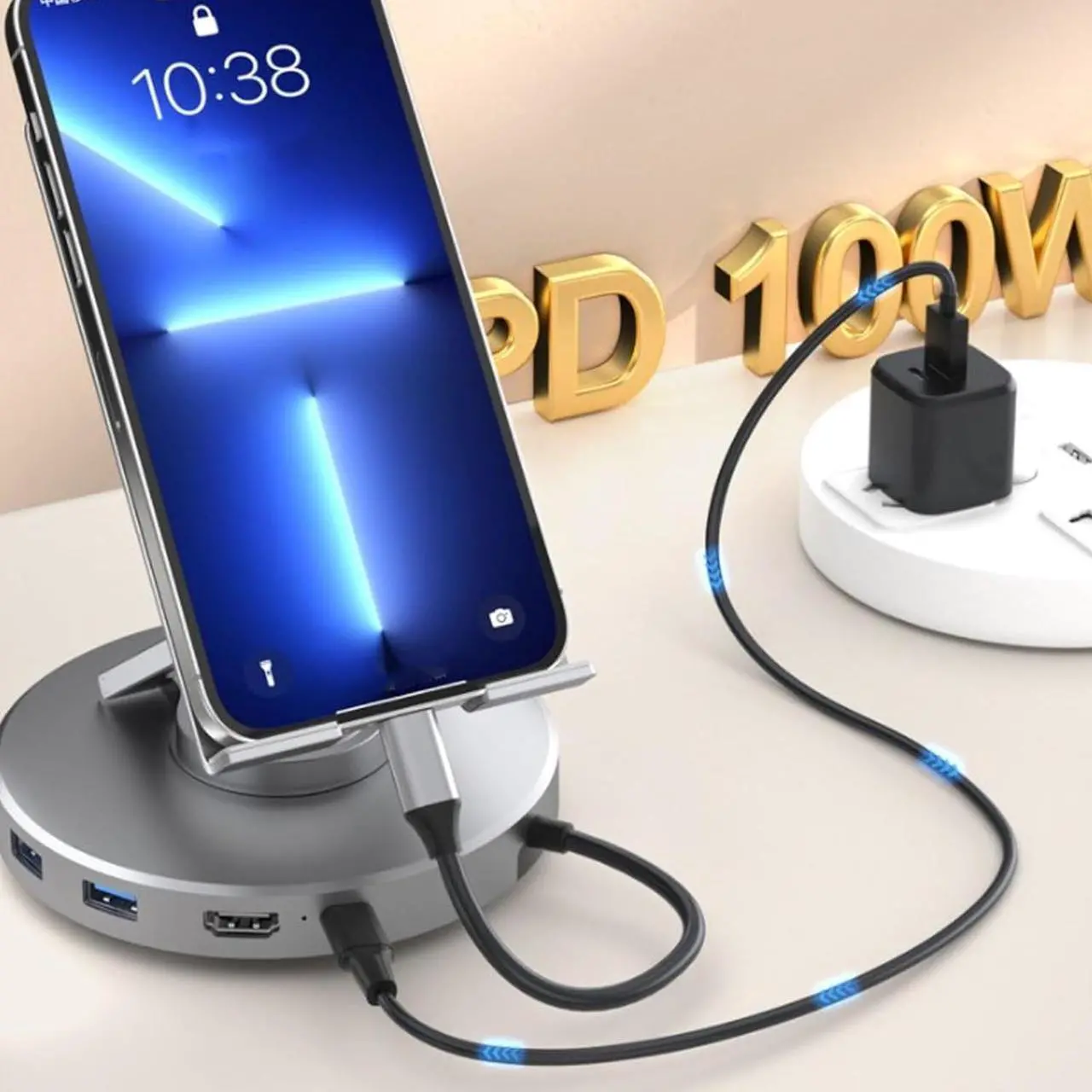 Alt view image 6 of 7 - ciciglow 10 in 1 Docking Station for iOS Pro Tablet, Phone with 4K @ 60Hz SD TF 4.0 Reader, Gigabit Ethernet RJ45 100W PD,Audio,USB A,USB C Rotatable Folding Type C Tablet Stand Holder