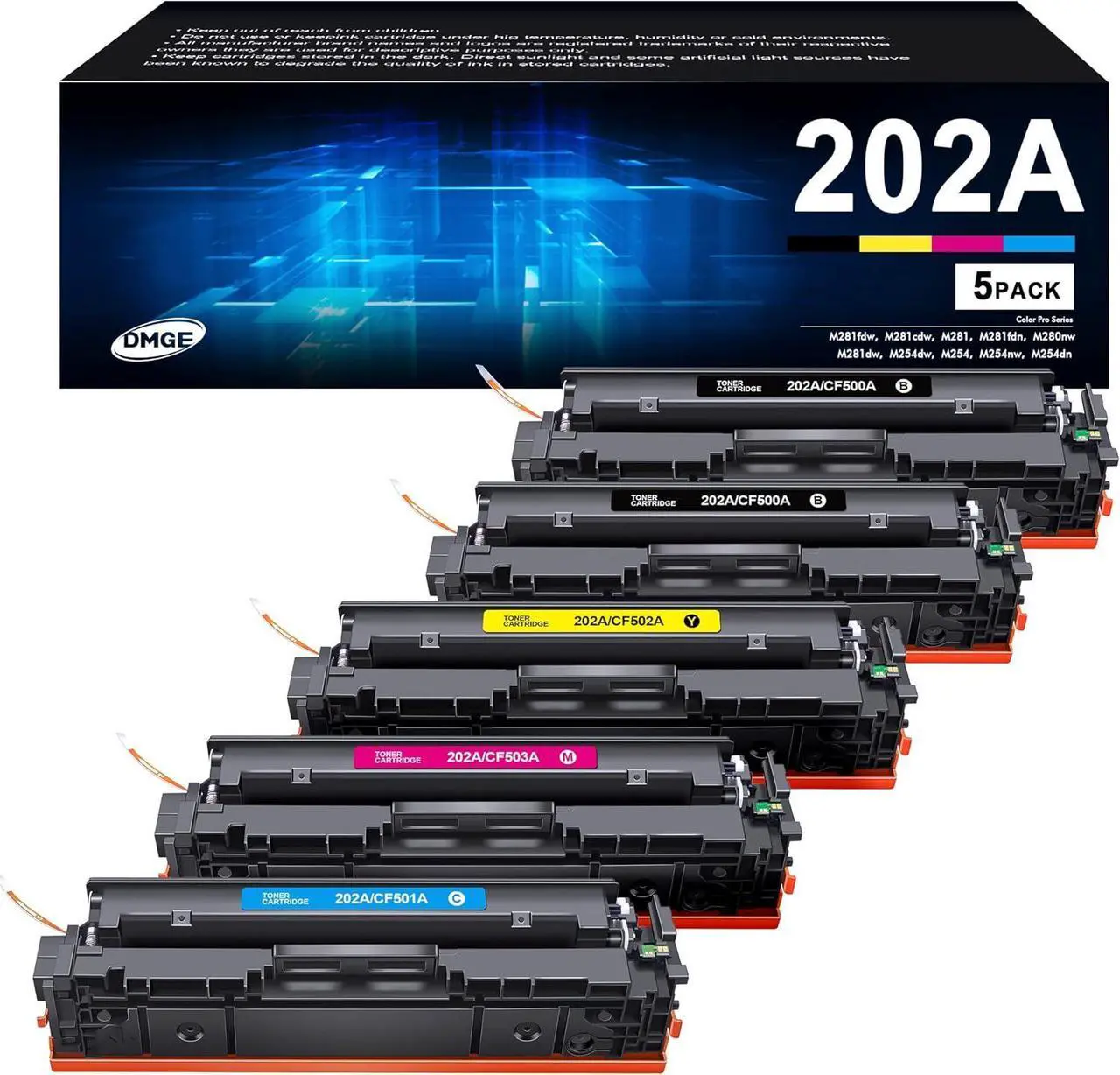 Main image of 202A Toner Cartridges - Standard Yield 5 Pack 202X Compatible with HP Color Laserj Pro MFP M281fdw Toner, M281cdw Toner Cartridges, Color Laserj Pro M254 Series | CF500A