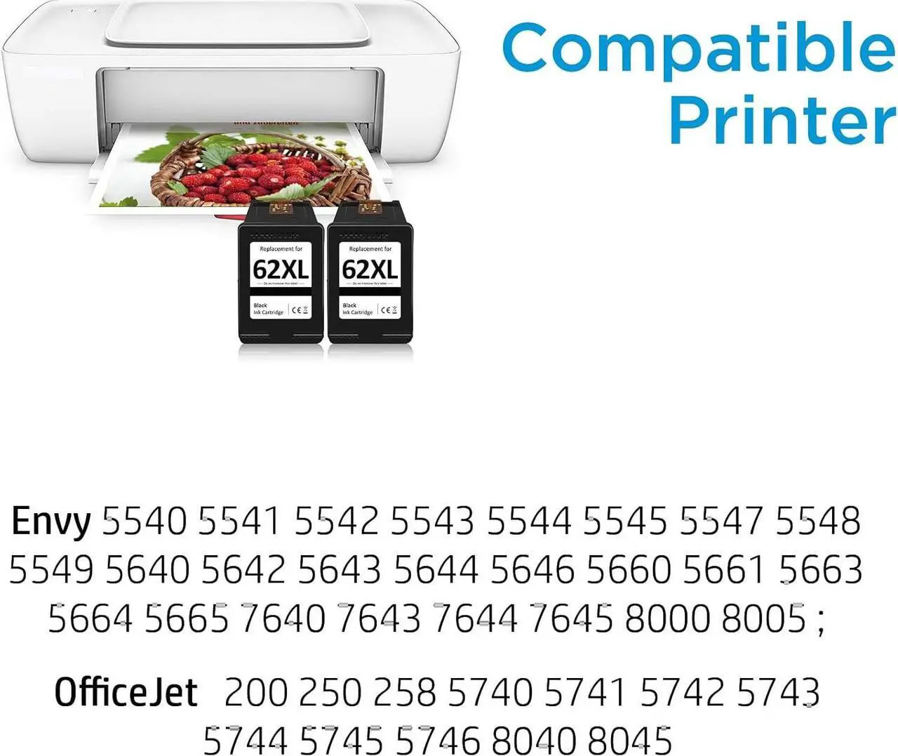 Alt view image 2 of 7 - 62XL Black Ink Cartridge   Ink 62   62XL Ink Cartridge Black Work for Envy 7640 7645 5660 5642 5540 OfficeJet 5745 5746 5740 8045 OfficeJet Mobile 250 200 258 Printer(2 Black)