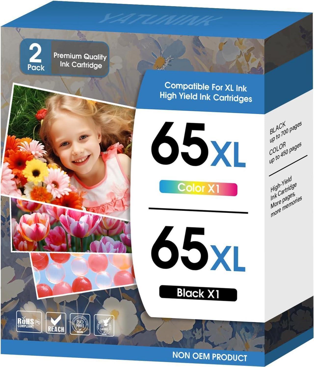 Main image of 65XL 65 Ink Cartridges Black/Color Combo Pack Compatible for HP Ink 65 for HP 65 Ink Works with Deskjet 2600 3700; Envy 5000; AMP Series Printer (1 Black, 1 Color) 2Pack