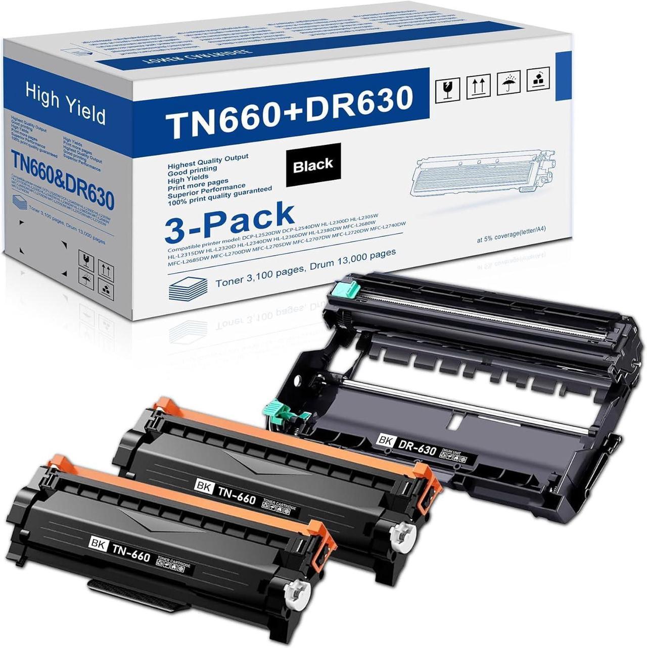 Main image of TN660 Toner Cartridge and DR630 Drum Unit Replacement for Brother DR630 TN660 TN630 DCP-L2520DW DCP-L2540DW HL-L2300D HL-L2305W HL-L2320D HL-L2340DW HL-L2380DW HL-L2680W (3 Pack)