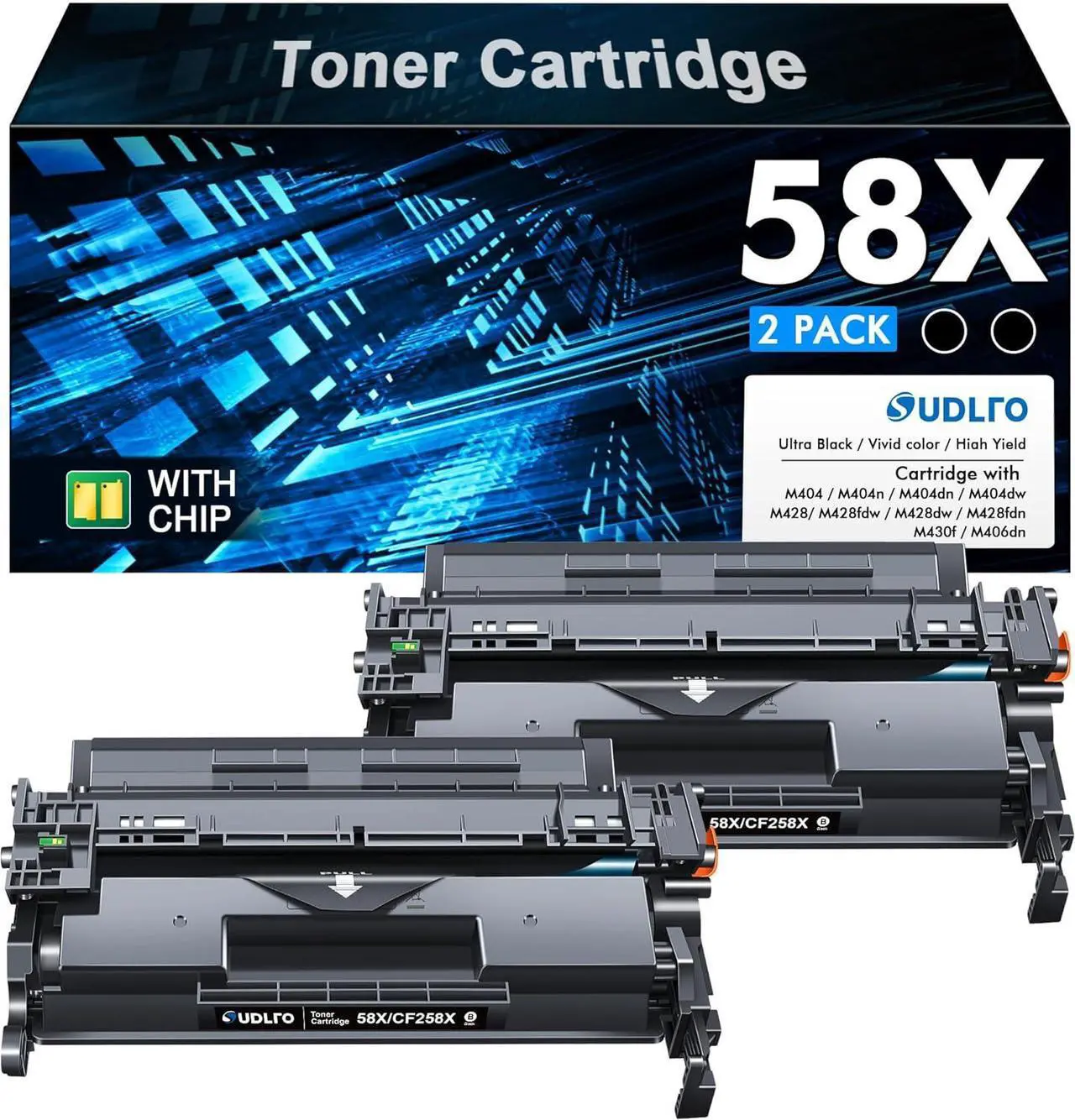 Main image of 58X CF258X Toner Cartridge Black Replacement for HP 58X CF258X 58A CF258A Compatible with Laserjet MFP M428fdw M428fdn M428dw M404 M428 Pro M404n M404dn M404dw Printer 2 Pack (with Chip)