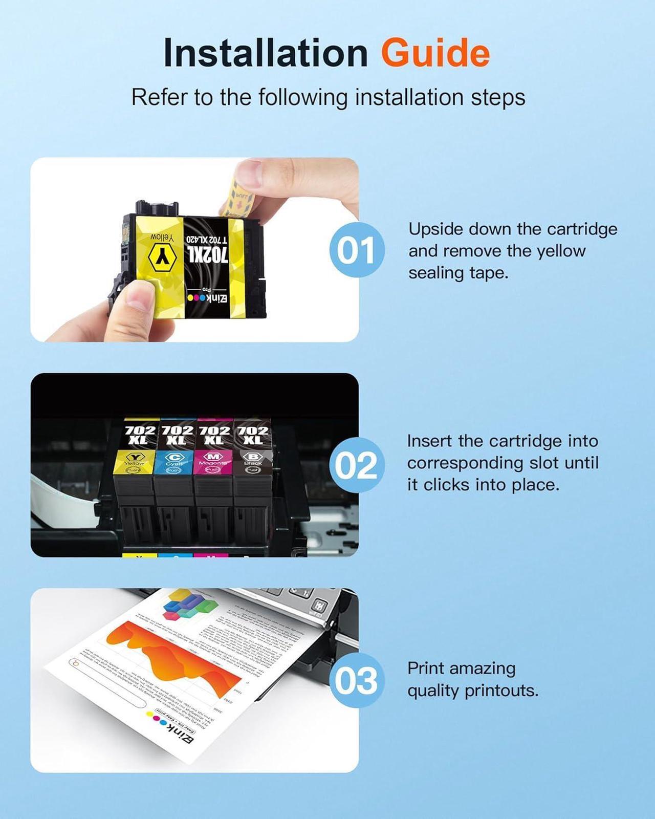 Alt view image 7 of 7 - E-Z Ink Pro Remanufactured Ink Cartridge Replacement for Epson 702XL 702 XL 702 T702 to use with Workforce Pro WF-3720 WF-3730 WF-3733 Printer (1 Large Black, 1 Cyan, 1 Magenta, 1 Yellow, 4 Pack)