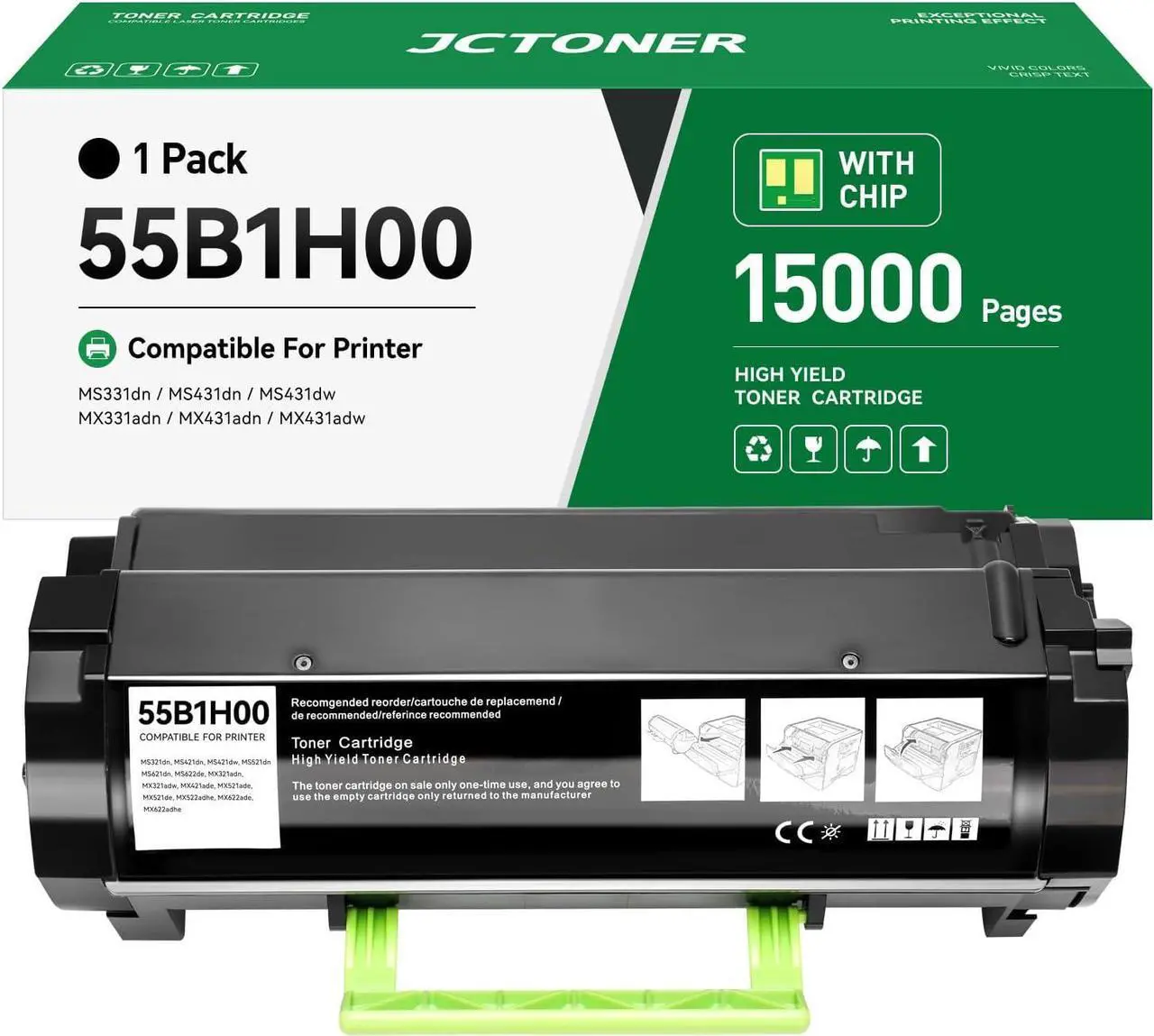 Main image of 55B1H00 Toner Cartridge Black High Yield with Chip 15,000 Page-Yield Replacement for Lexmark MS331dn MS431dn MS431dw MX331adn MX431adw MX431adn MX432adwe MS331 MS431 MX331 MX431 Laser Printer 55b1000