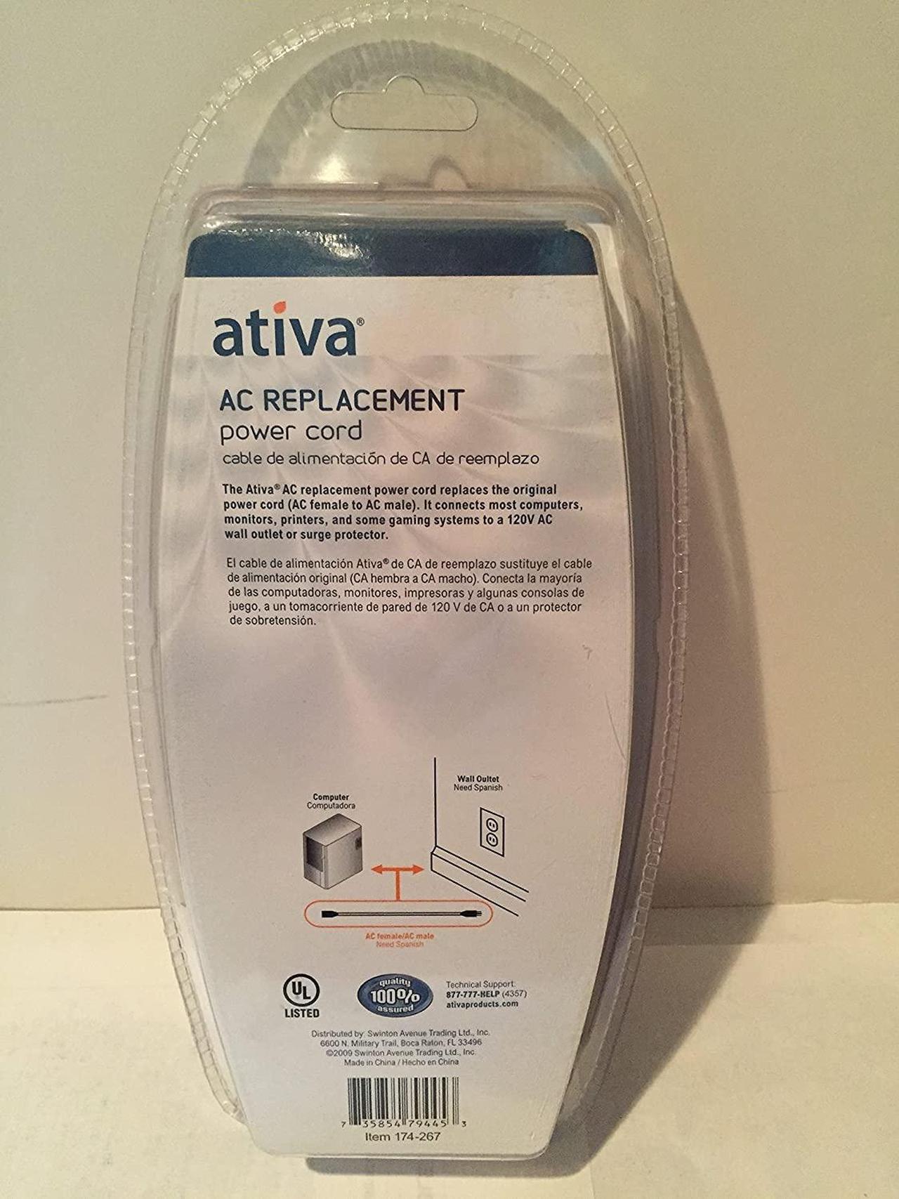 Alt view image 2 of 2 - Ativa Universal AC Replacement Power Cord, 10’, Black, 26897