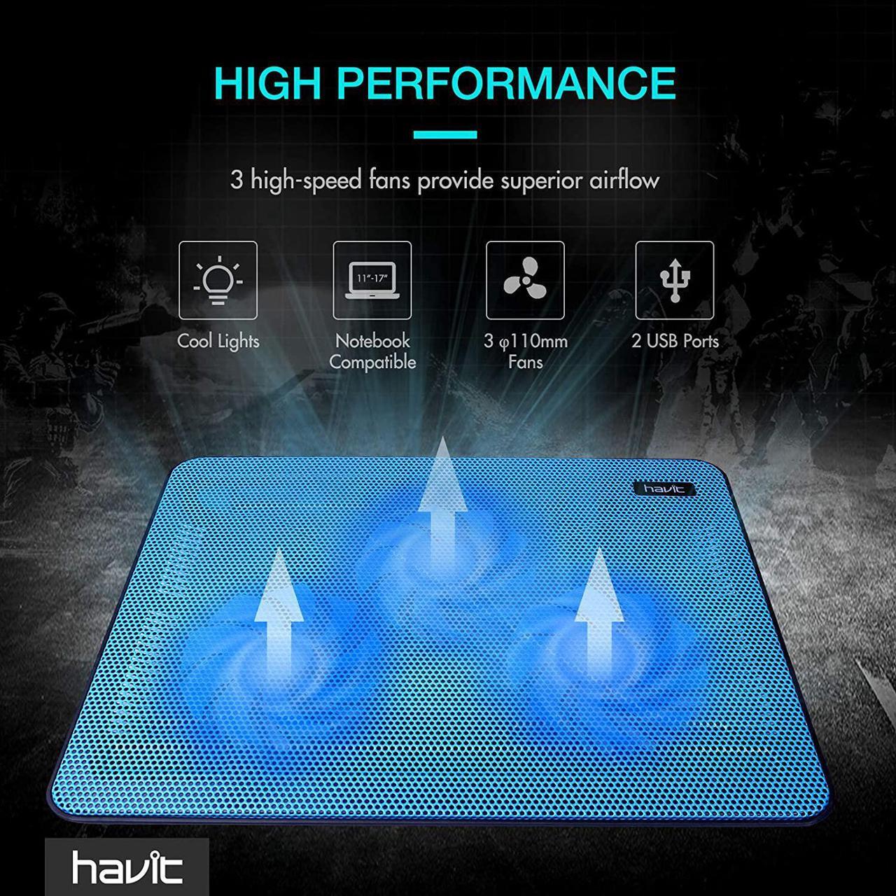 Alt view image 2 of 7 - Havit HV-F2056 15.6-17 Inch Laptop Cooler Cooling Pad - Slim Portable USB Powered (3 Fans) (Blue)