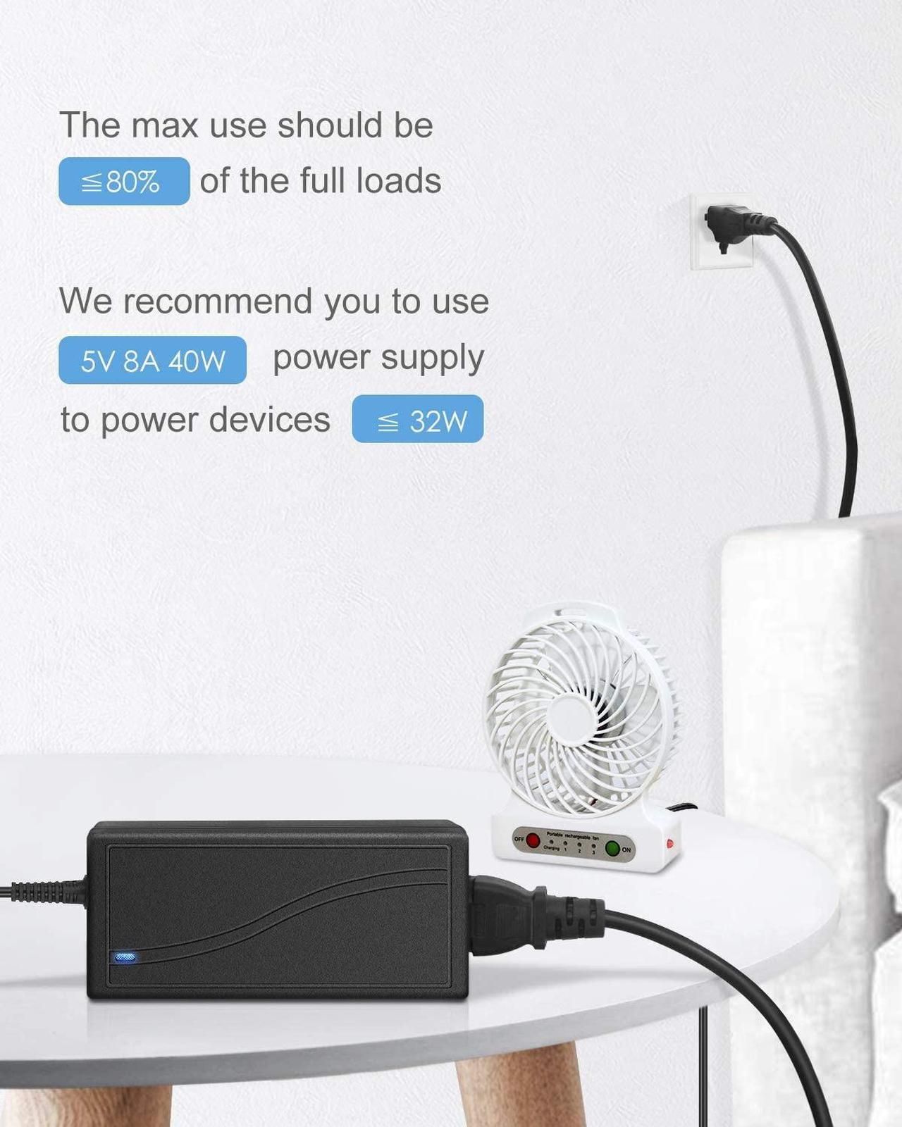 Alt view image 7 of 7 - ALITOVE 5V 8A 40W AC to DC Adapter Power Supply Converter Transformer 5.5x2.1mm Plug AC 100V~240V Input for WS2812B WS2811 SK6812 LED Pixel Strip Light CCTV Camera Security System