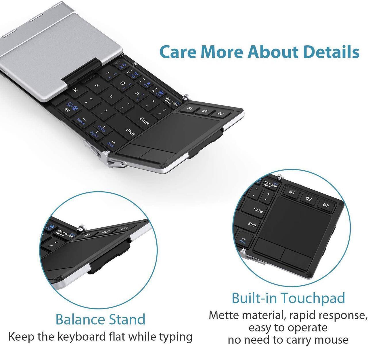 Alt view image 3 of 7 - iClever Foldable Keyboard, BK08 Bluetooth Keyboard with Sensitive Touchpad (Sync Up to 3 Devices), Pocket-Sized Tri-Folded Portable Keyboard for iPad Mac iPhone Android Windows iOS, Silver