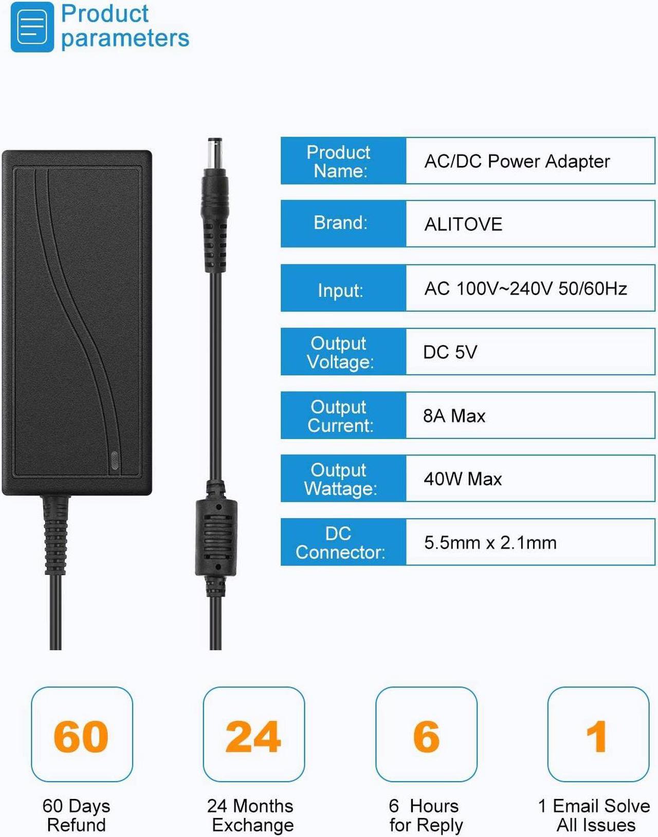Alt view image 2 of 7 - ALITOVE 5V 8A 40W AC to DC Adapter Power Supply Converter Transformer 5.5x2.1mm Plug AC 100V~240V Input for WS2812B WS2811 SK6812 LED Pixel Strip Light CCTV Camera Security System
