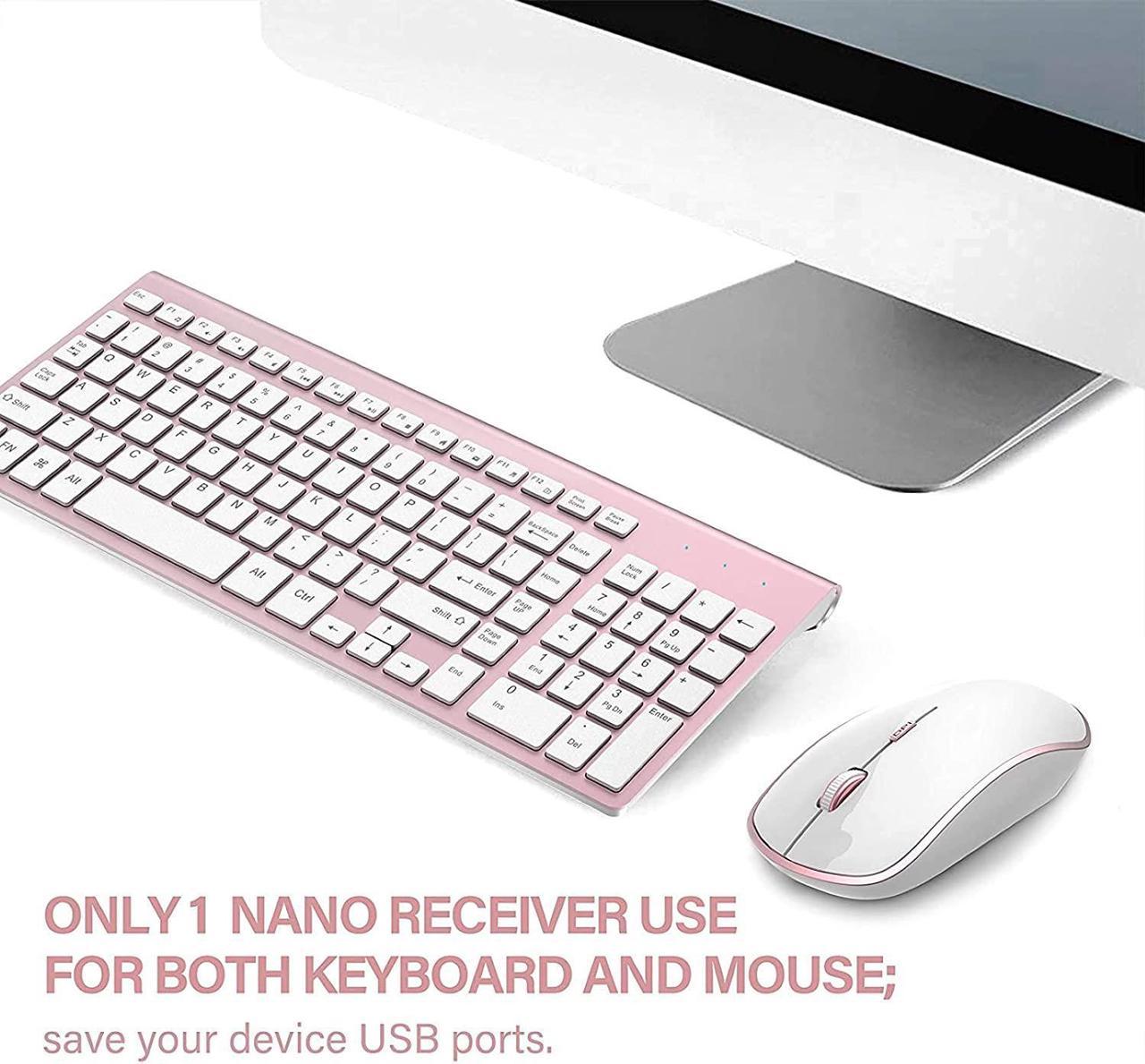 Wireless Keyboard and Mouse Combo, Stylish Compact Full-Size Slim Keyboard and 2400 DPI Stream-line Optical Mouse for PC, Desktop, Computer, Notebook, Laptop, Windows XP/Vista/7/8/10 by JOYACCESS-Pink