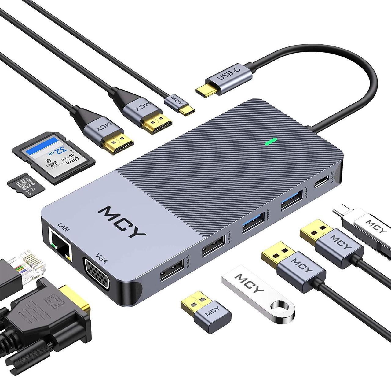 Docking Station, MCY 12 in 1 Triple Display Laptop USB C Docking Station Dual Monitor USB Type C Hub with Dual HDMI VGA Adapter, Compatible with MacBook, XPS, Dell, USB C Dock