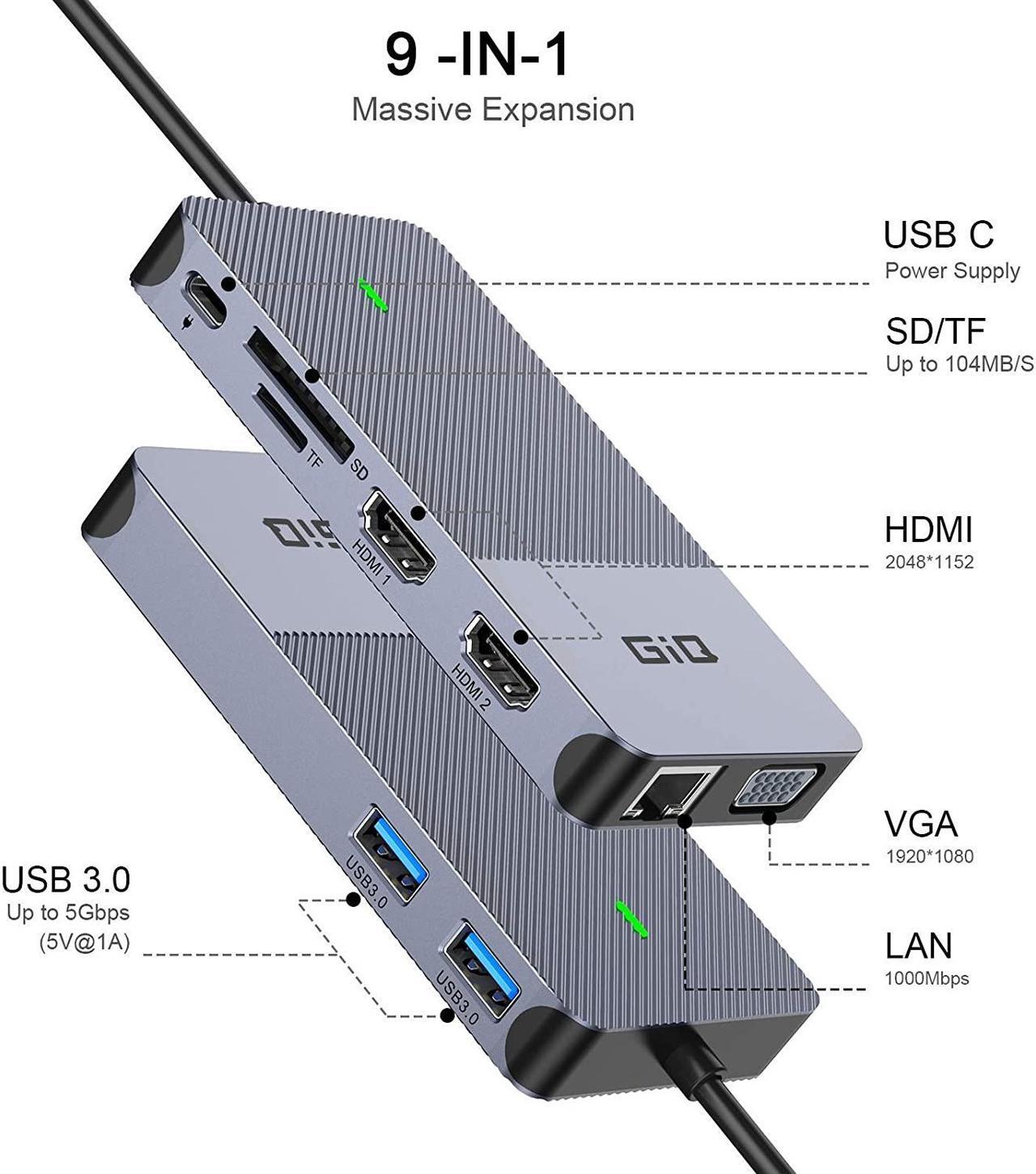 Alt view image 2 of 7 - USB Docking Station GIQ USB C Hub USB 3.0 to Dual HDMI VGA Adapter Triple Display USB C Laptop Docking Station Dual Monitors Compatible with MacBook M1 USB Dock