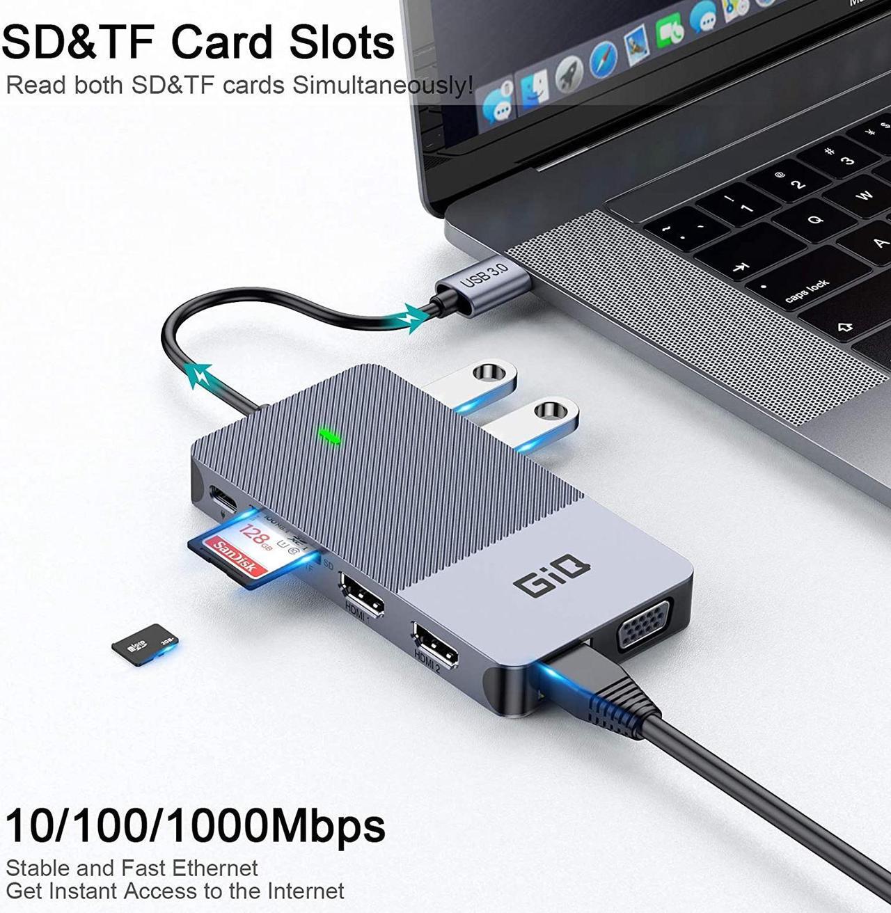 Alt view image 7 of 7 - USB Docking Station GIQ USB C Hub USB 3.0 to Dual HDMI VGA Adapter Triple Display USB C Laptop Docking Station Dual Monitors Compatible with MacBook M1 USB Dock