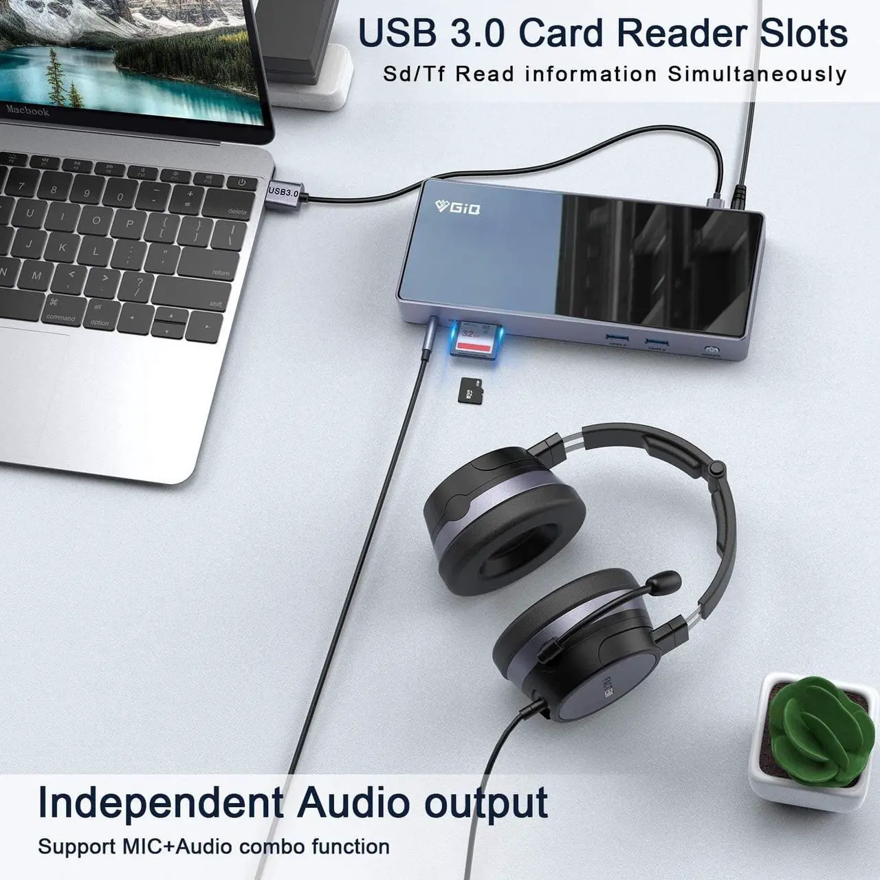 Alt view image 6 of 7 - USB C Docking Station,GIQ 15in1 USB 3.0 C to Single 5K Dual 4K@60hz HDMI Displayport Output,USB 3.0 Ports,1G Gigabit Ethernet,Card Reader,Compatible with Windows/Vista/Android/Ubuntu/MAC OS,Chrome OS