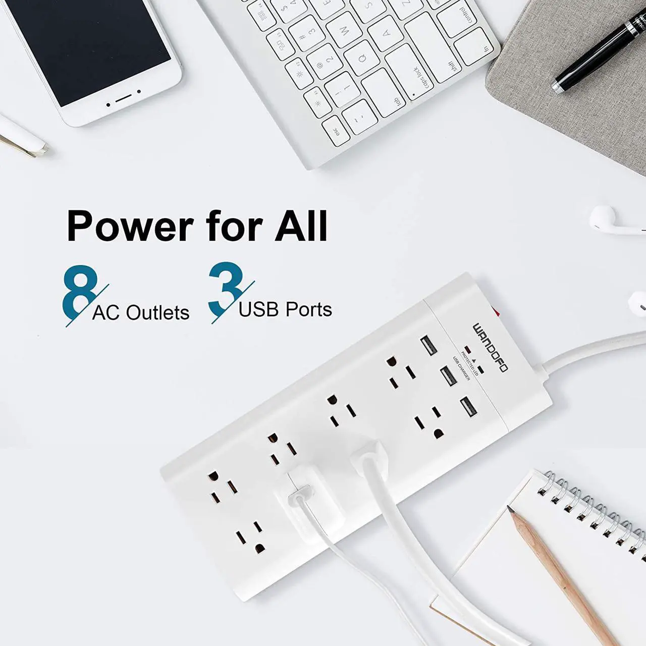 Alt view image 3 of 7 - 2 Prong 8 Outlet Power Strip, 6 FT Extension Cord with 3 USB Ports, 1625W 1050J Surge Protector, 2 Prong to 3 Prong Multi Plug Outlet Adapter Converter, Polarized Plug, White