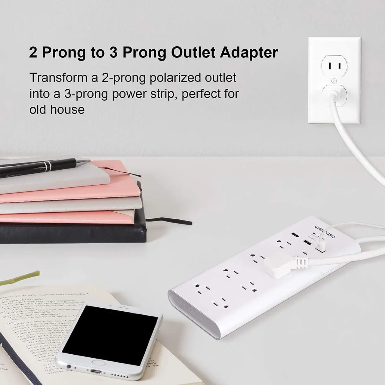 Alt view image 2 of 7 - 2 Prong 8 Outlet Power Strip, 6 FT Extension Cord with 3 USB Ports, 1625W 1050J Surge Protector, 2 Prong to 3 Prong Multi Plug Outlet Adapter Converter, Polarized Plug, White