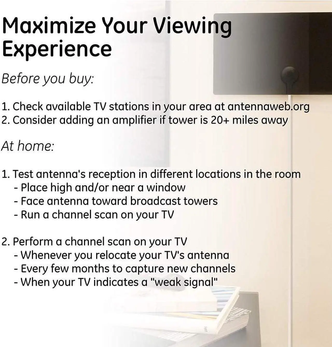 Alt view image 2 of 7 - GE Ultra Edge Indoor HD Digital TV Antenna, Long Range Smart TV Antenna, Slim Décor Reversible Black White Design, Supports 4K HD Smart TV VHF UHF, 6ft Coax HDTV Cable, 11264, Welcome to consult