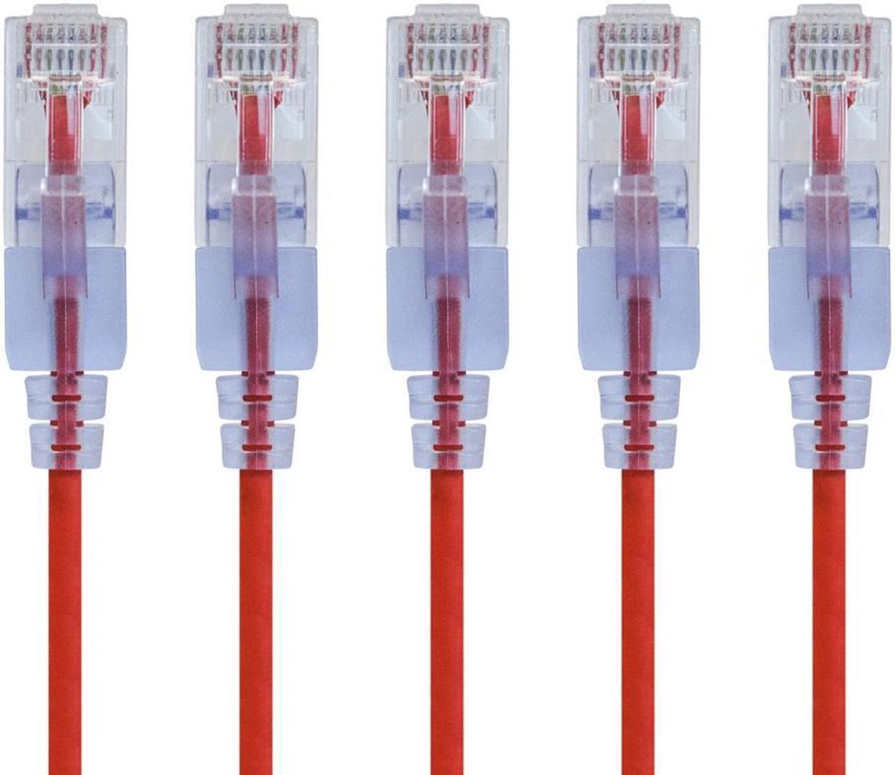 Monoprice SlimRun Cat6A Ethernet Patch Cable - Network Internet Cord - RJ45, Stranded, UTP, Pure Bare Copper Wire, 30AWG, 2ft, Red, 5-Pack