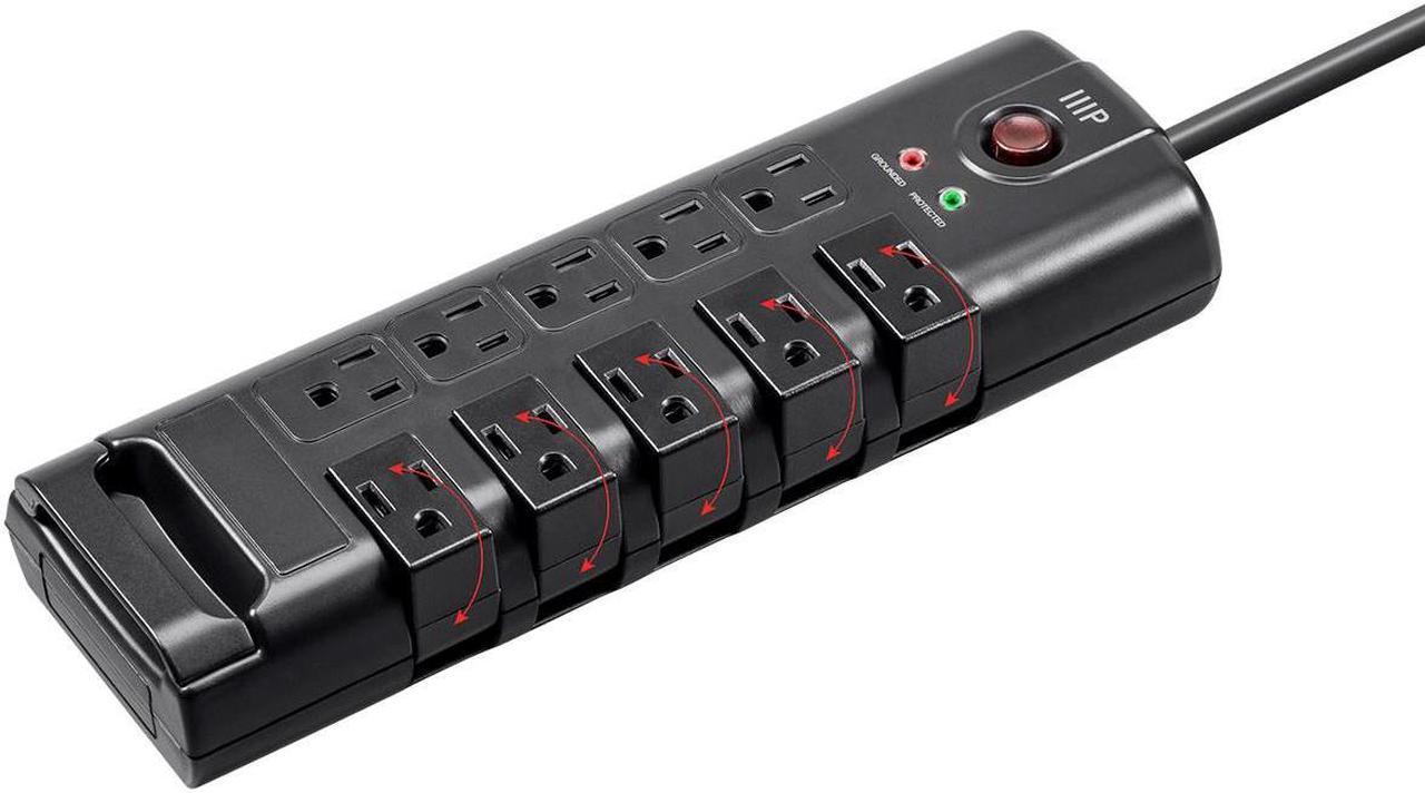 Monoprice 10 Outlet Rotating Surge Protector Power Block / Strip - 8 Feet - Black | 2880 Joules, Heavy Duty Cord