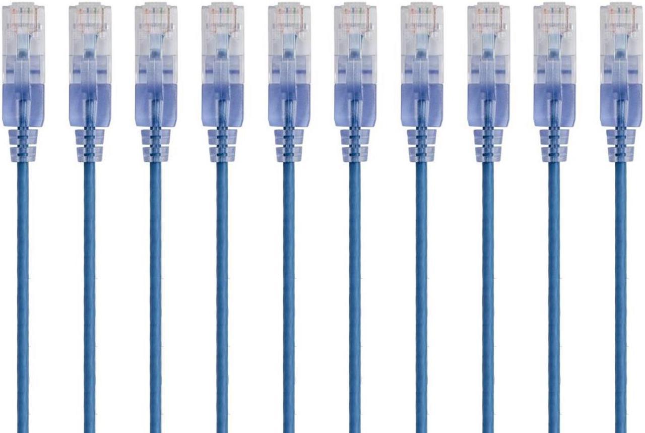 Monoprice SlimRun Cat6A Ethernet Patch Cable - Network Internet Cord - RJ45, 550Mhz, UTP, Pure Bare Copper Wire, 10G, 30AWG, 5ft, Blue, 10-Pack