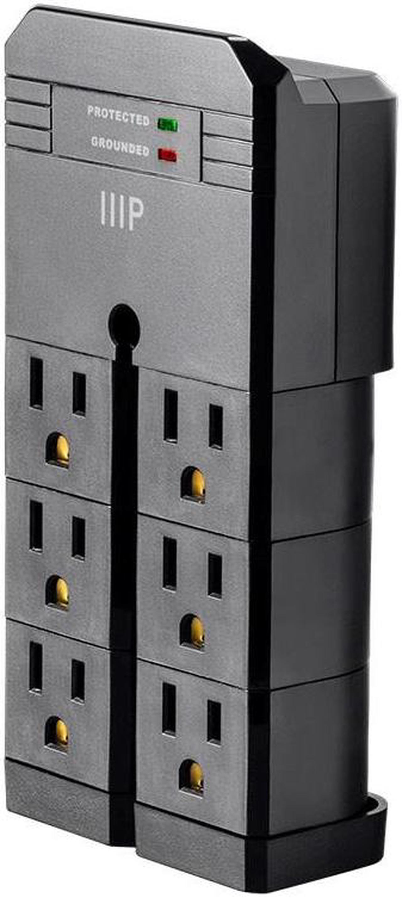 Monoprice 6 Outlet Rotating Power Surge Protector Wall Tap - Black | UL Rated 2,160 Joules With Grounded And Protected Light Indicator