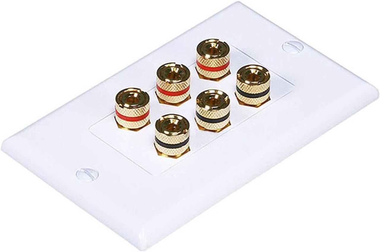 Monoprice High Quality Banana Binding Post Two-Piece Inset Wall Plate - White - Coupler Type For 3 Speakers