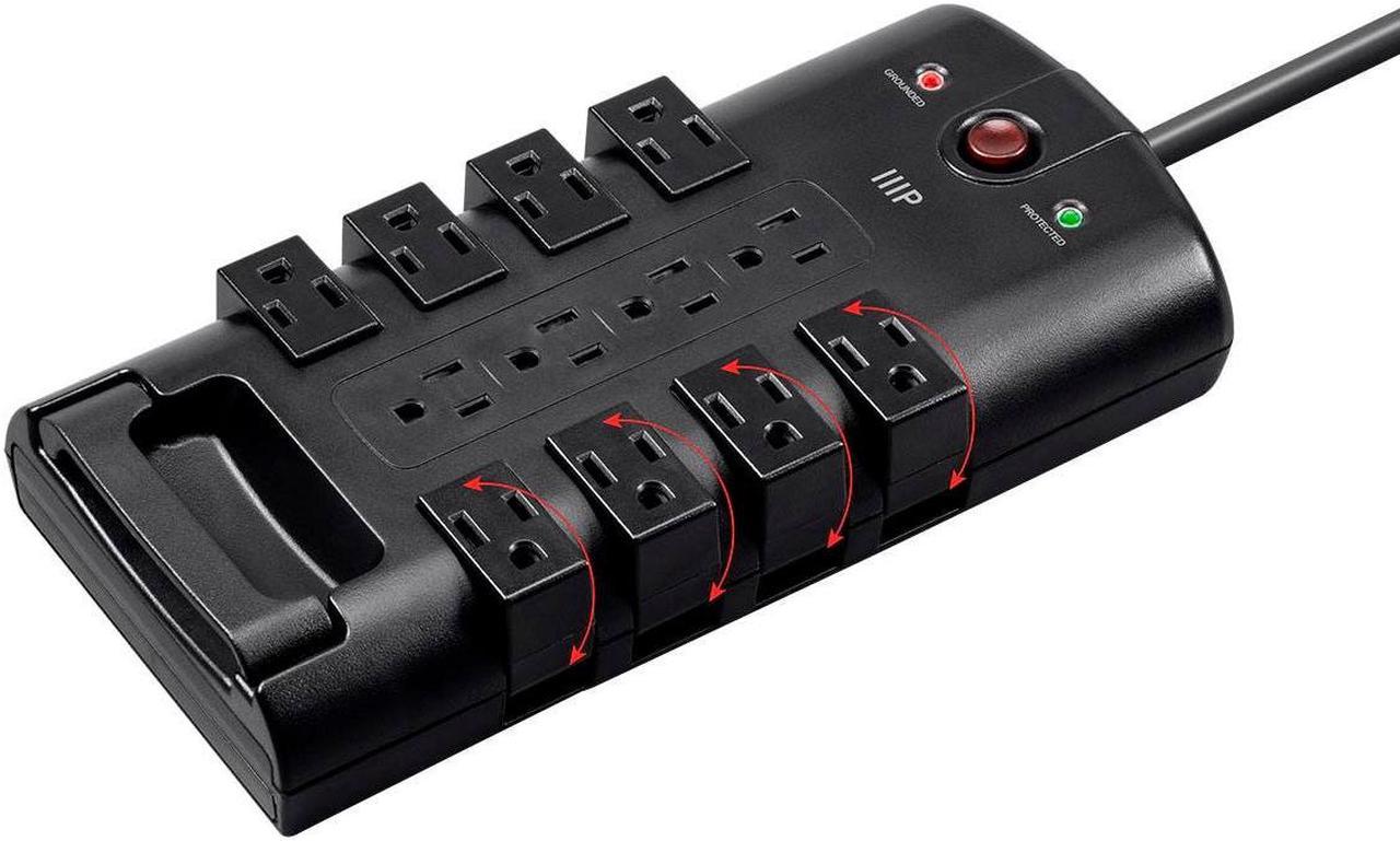 Monoprice 12 Outlet Rotating Surge Protector Power Block / Strip - 10 Feet - Black | Heavy Duty Cord | UL Rated, 4,320 Joules With Grounded And Protected Light Indicator