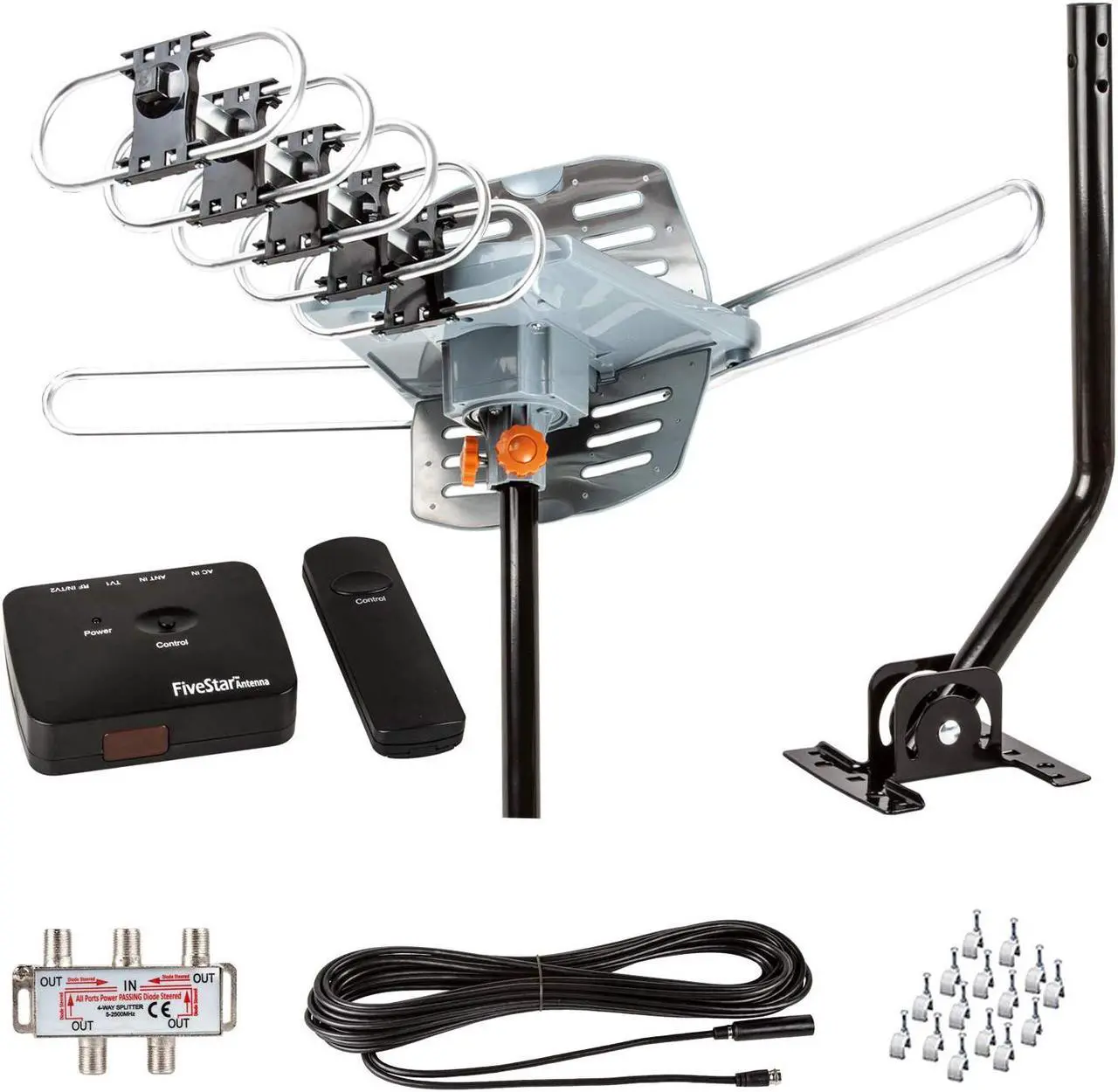 Main image of FiveStar Outdoor Antenna Up to 150 Mile Long Range for smart TV and old TV, 360 Degree Rotation Antenna, UHF/VHF/FM Radio with Infrared Remote Control Advanced Design Plus Installation Kit and J-Pole