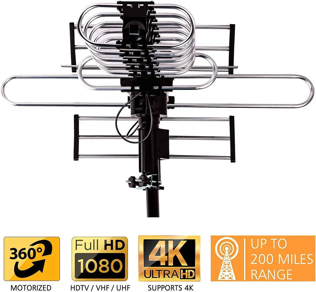 Alt view image 2 of 6 - [Newest 2020] FiveStar Outdoor TV Antenna 200-Mile Long Range, 360 Degree Directional Rotation, Amplified, HDTV, Water Resistant, UV Resistant, Come with Installation Kit and Mounting Pole