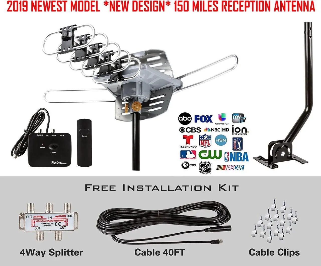 Alt view image 7 of 7 - FiveStar Outdoor Antenna Up to 150 Mile Long Range for smart TV and old TV, 360 Degree Rotation Antenna, UHF/VHF/FM Radio with Infrared Remote Control Advanced Design Plus Installation Kit and J-Pole